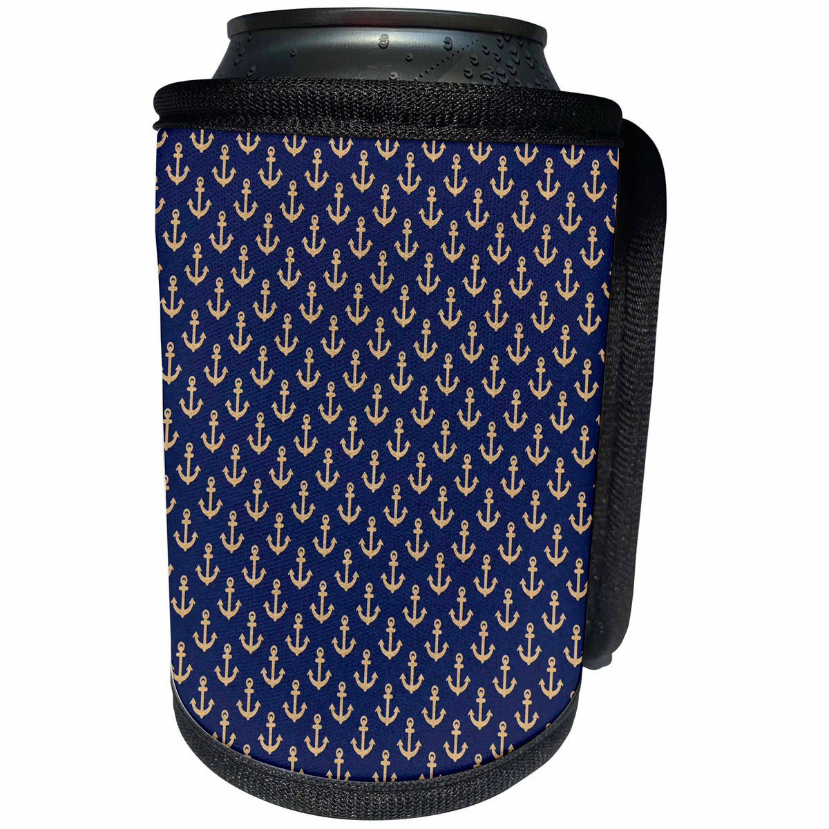 3dRose Anne Marie Baugh - Patterns - Chic Faux Gold Nautical Anchors On Blue Pattern - Can Cooler Bottle Wrap (cc_283243)
