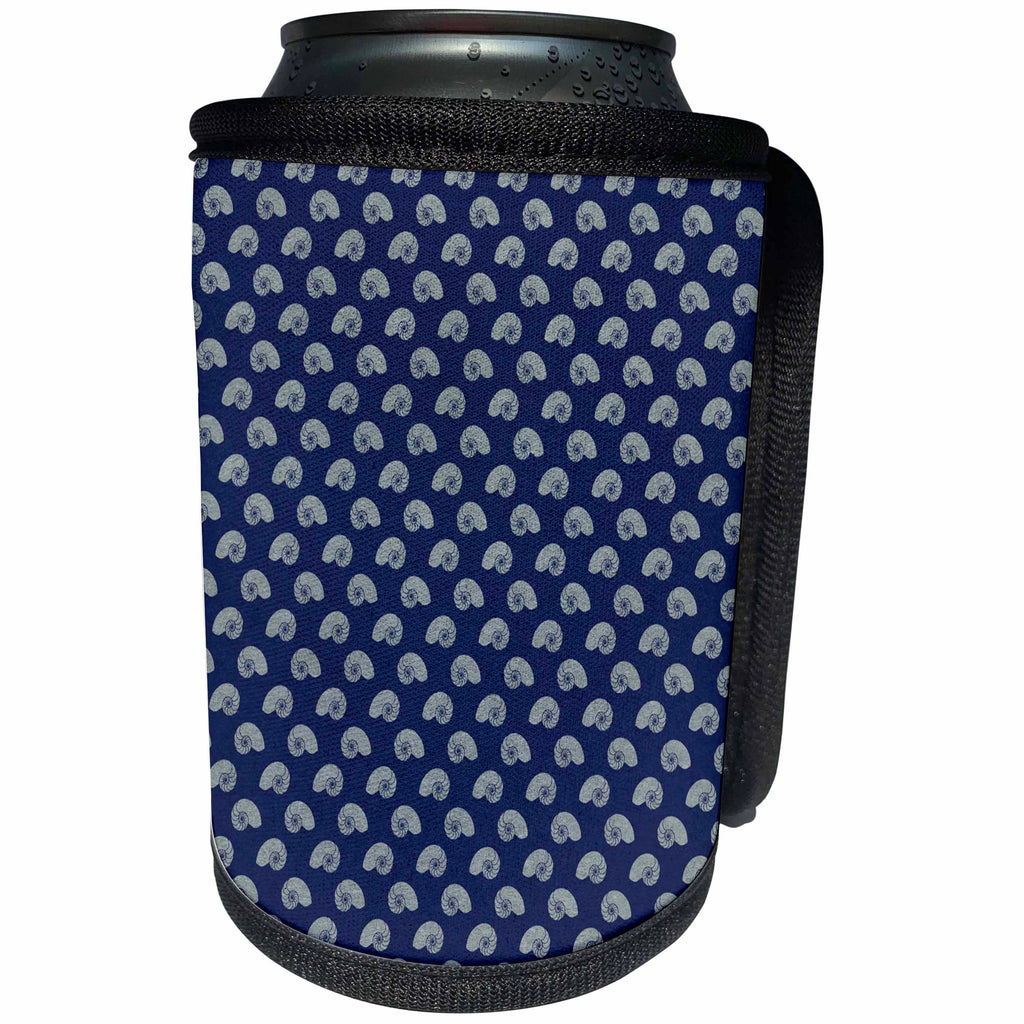 3dRose Anne Marie Baugh - Patterns - Chic White Conch Seashells On A Dark Blue Background Pattern - Can Cooler Bottle Wrap (cc_283246)