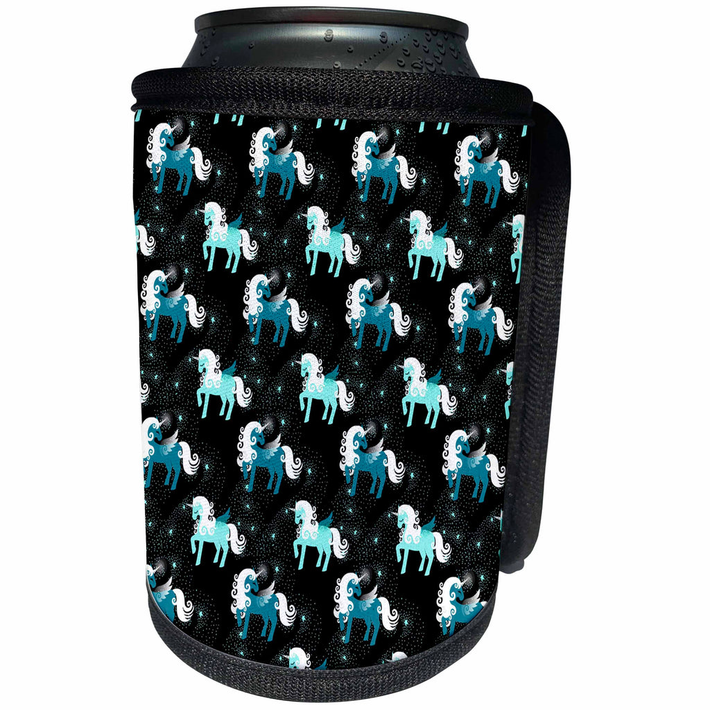 3dRose Anne Marie Baugh - Patterns - Cute Aqua and Teal Unicorns On A Starry Background - Can Cooler Bottle Wrap (cc_283254)