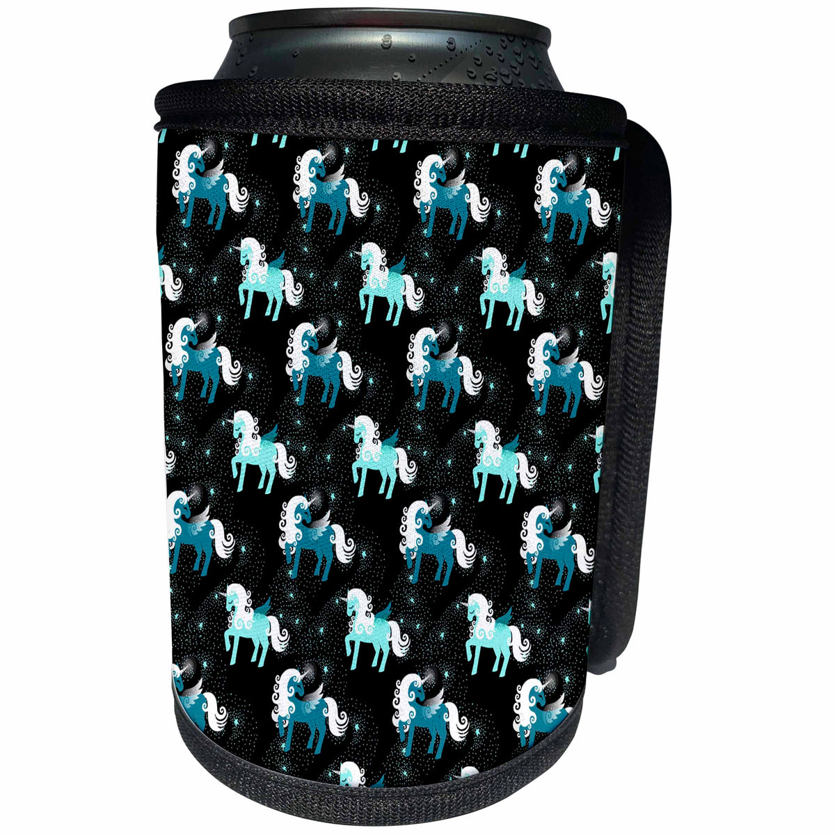 3dRose Anne Marie Baugh - Patterns - Cute Aqua and Teal Unicorns On A Starry Background - Can Cooler Bottle Wrap (cc_283254)