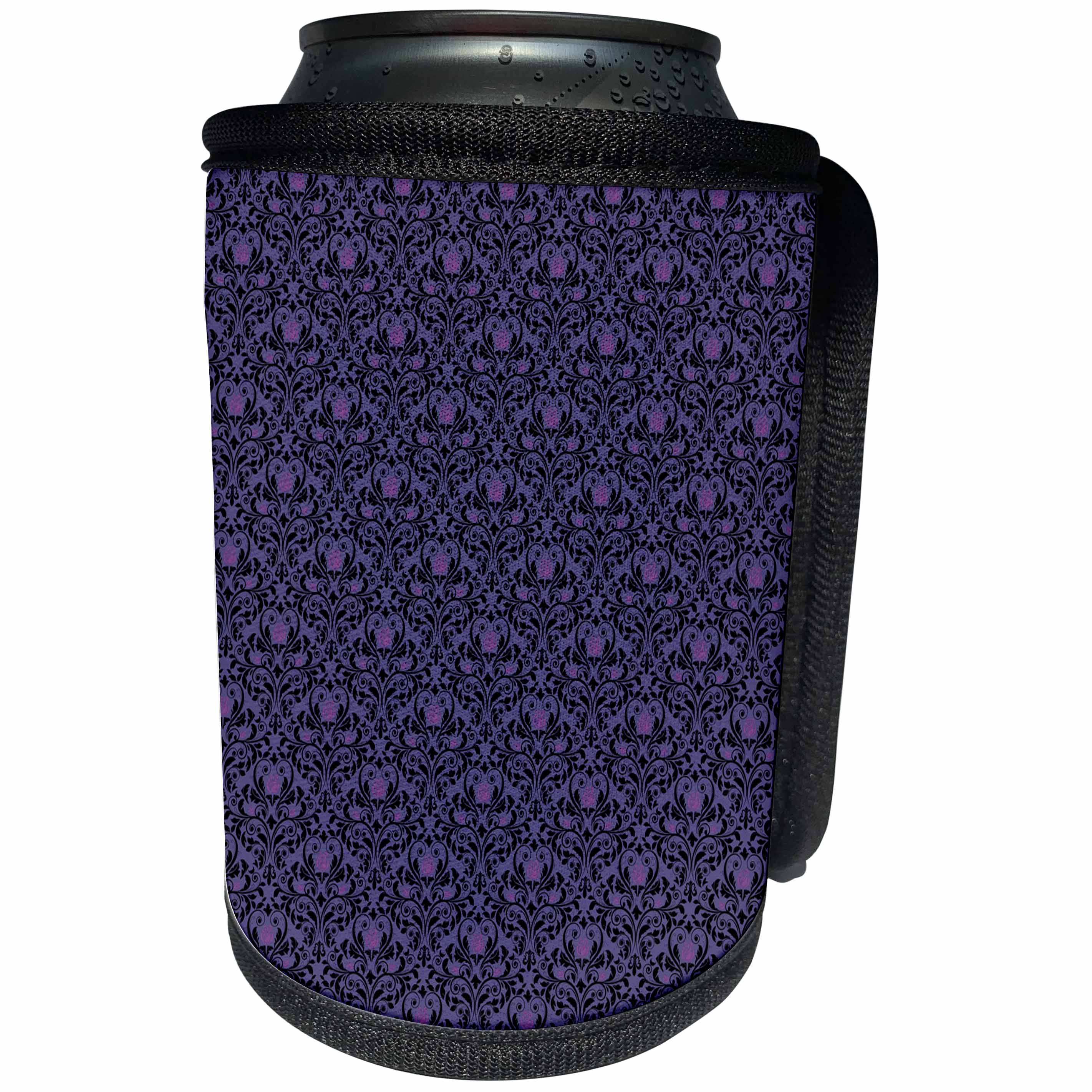 3dRose Anne Marie Baugh - Patterns - Elegant Purple and Black Diamond Pink Rose Damask - Can Cooler Bottle Wrap (cc_283257)