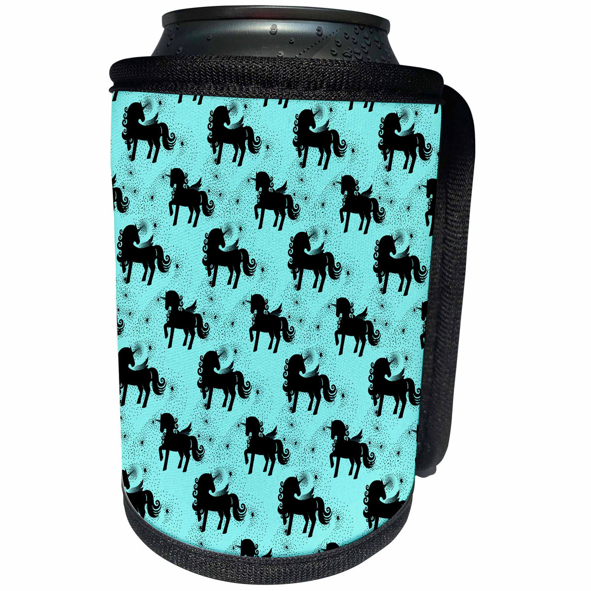 3dRose Anne Marie Baugh - Patterns - Cute Black Unicorns On A Starry Aqua Background - Can Cooler Bottle Wrap (cc_283261)