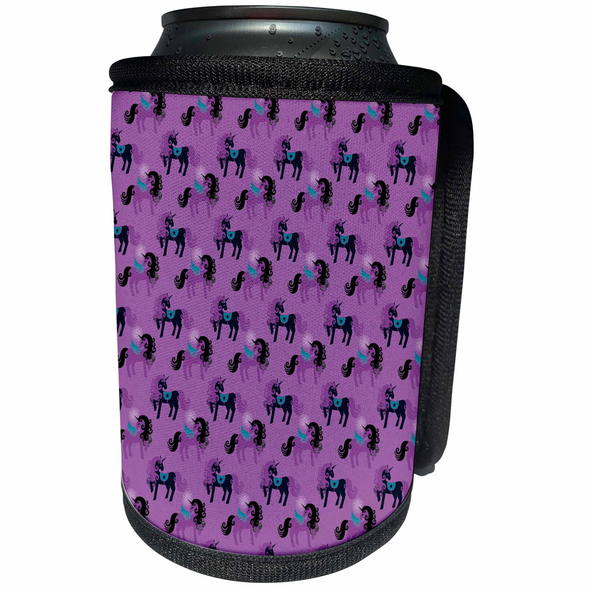 3dRose Anne Marie Baugh - Patterns - Cute Teal, Purple, and Black Unicorn Pattern On A Purple Background - Can Cooler Bottle Wrap (cc_283262)