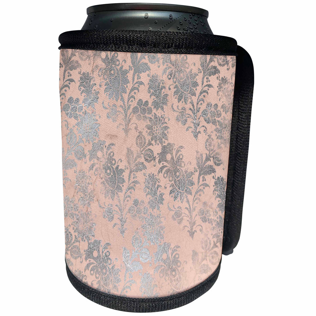 3dRose Anne Marie Baugh - Patterns - Pretty Faux Silver Art Deco Floral on Pink Pattern - Can Cooler Bottle Wrap (cc_283278)
