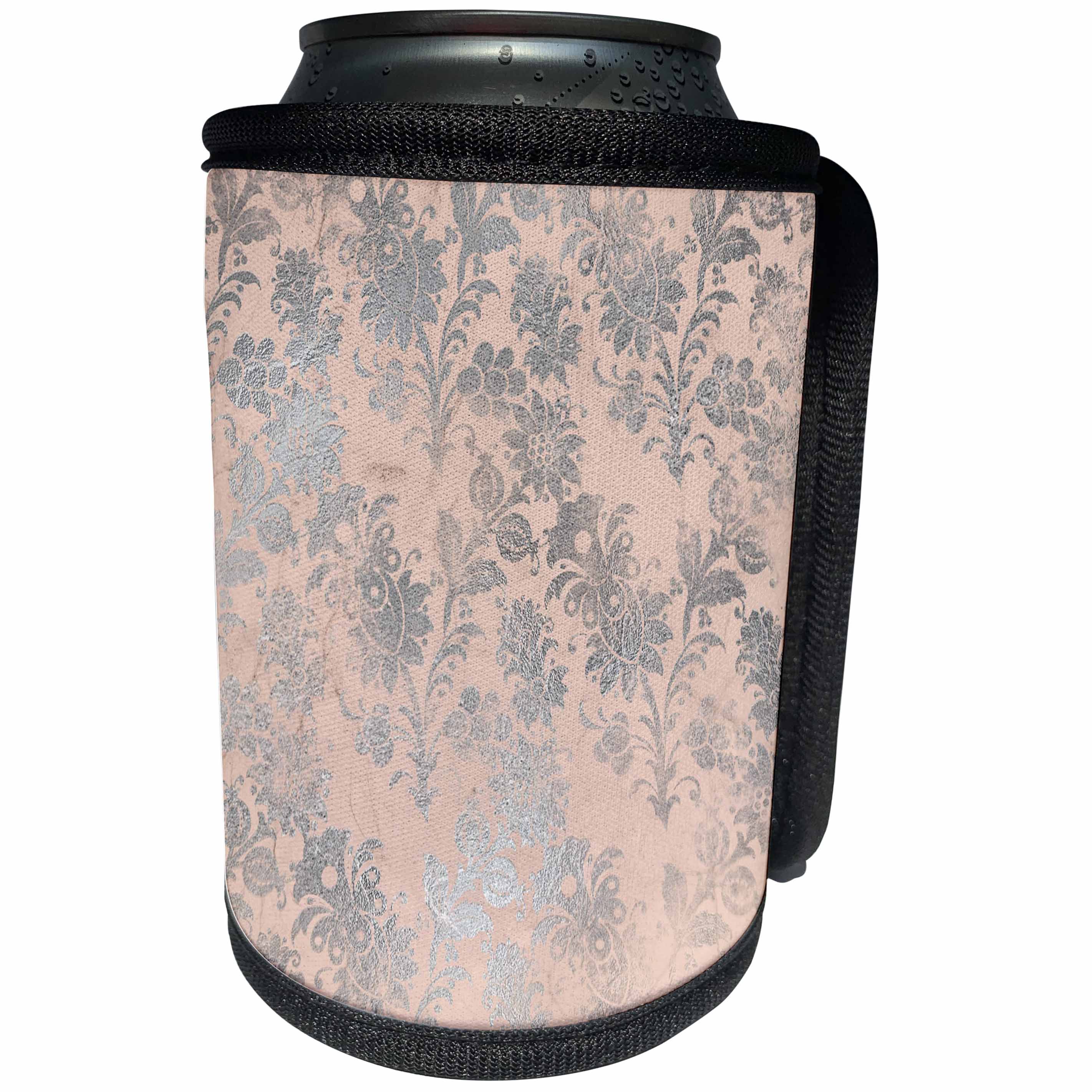 3dRose Anne Marie Baugh - Patterns - Pretty Faux Silver Art Deco Floral on Pink Pattern - Can Cooler Bottle Wrap (cc_283278)