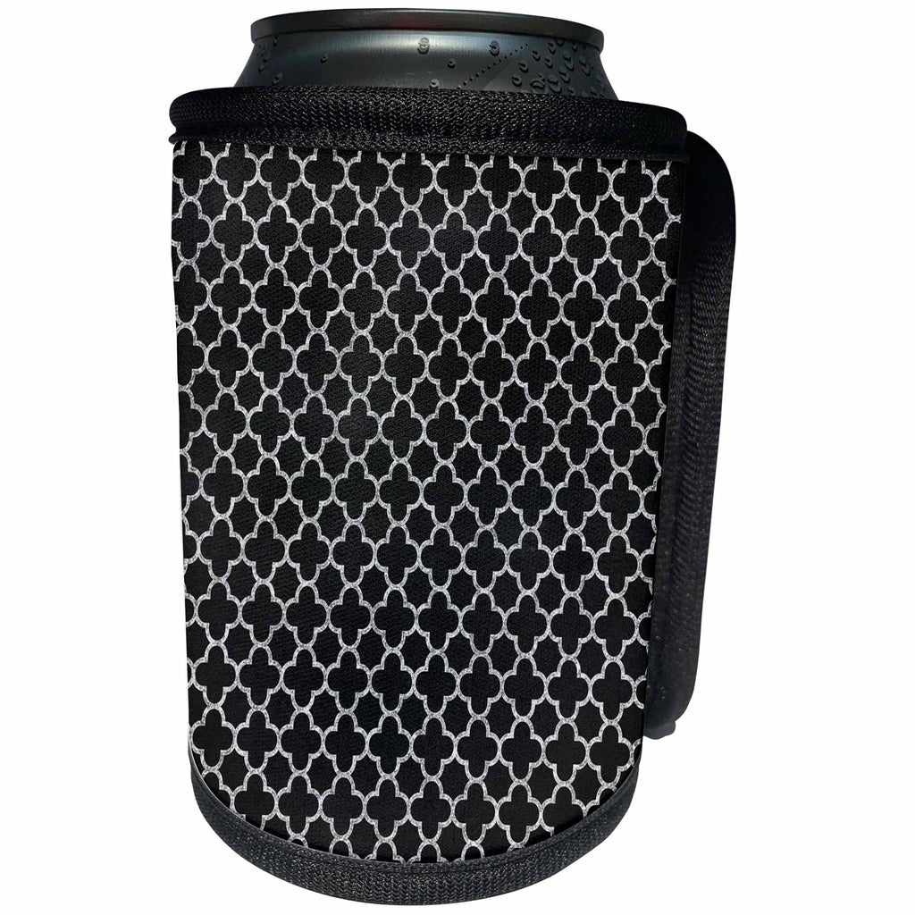 3dRose Anne Marie Baugh - Patterns - Chic Faux Silver Quatrefoil Pattern On A Black Background - Can Cooler Bottle Wrap (cc_283290)