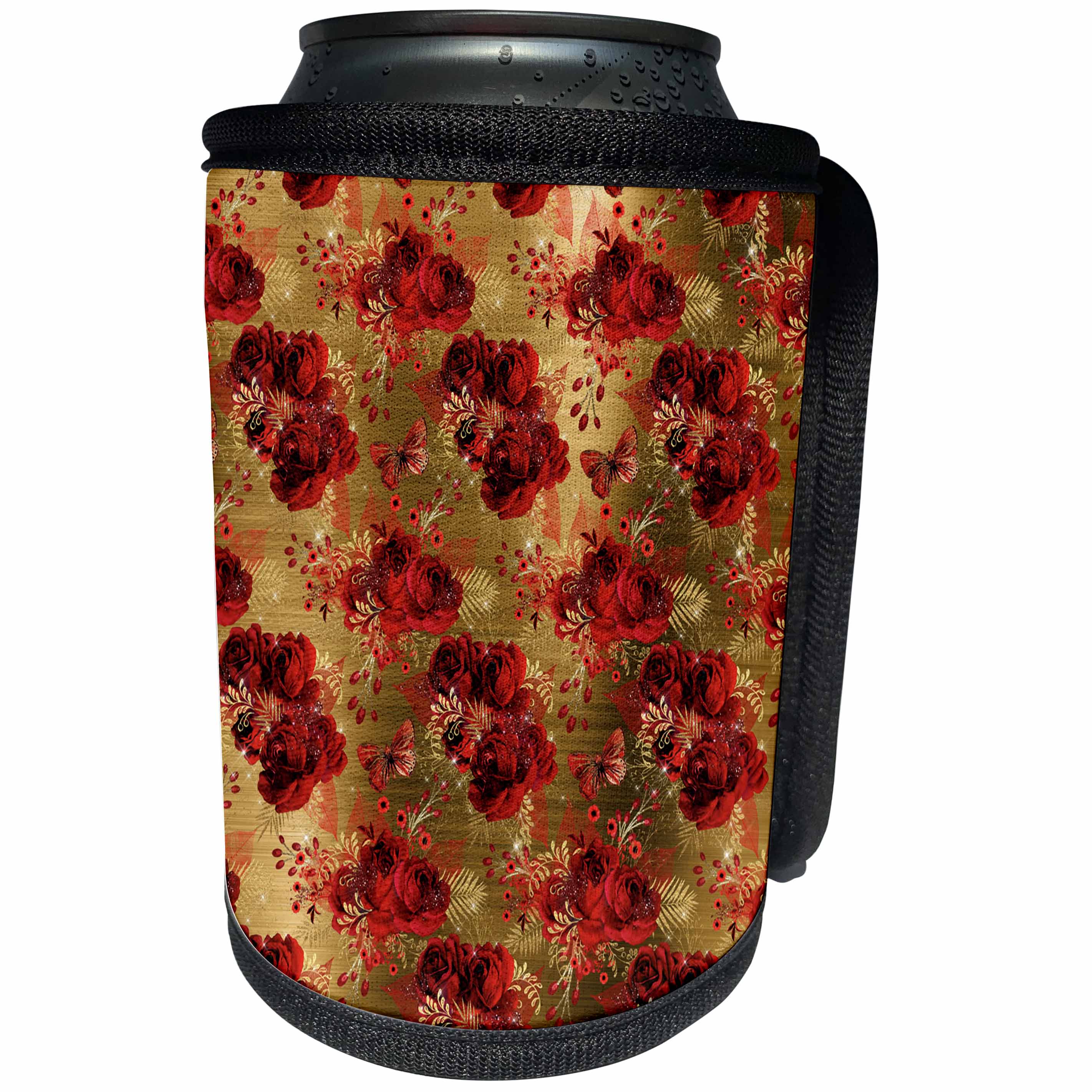3dRose Anne Marie Baugh - Patterns - Pretty Red Rose and Butterfly On A Faux Gold Background Pattern - Can Cooler Bottle Wrap (cc_283291)