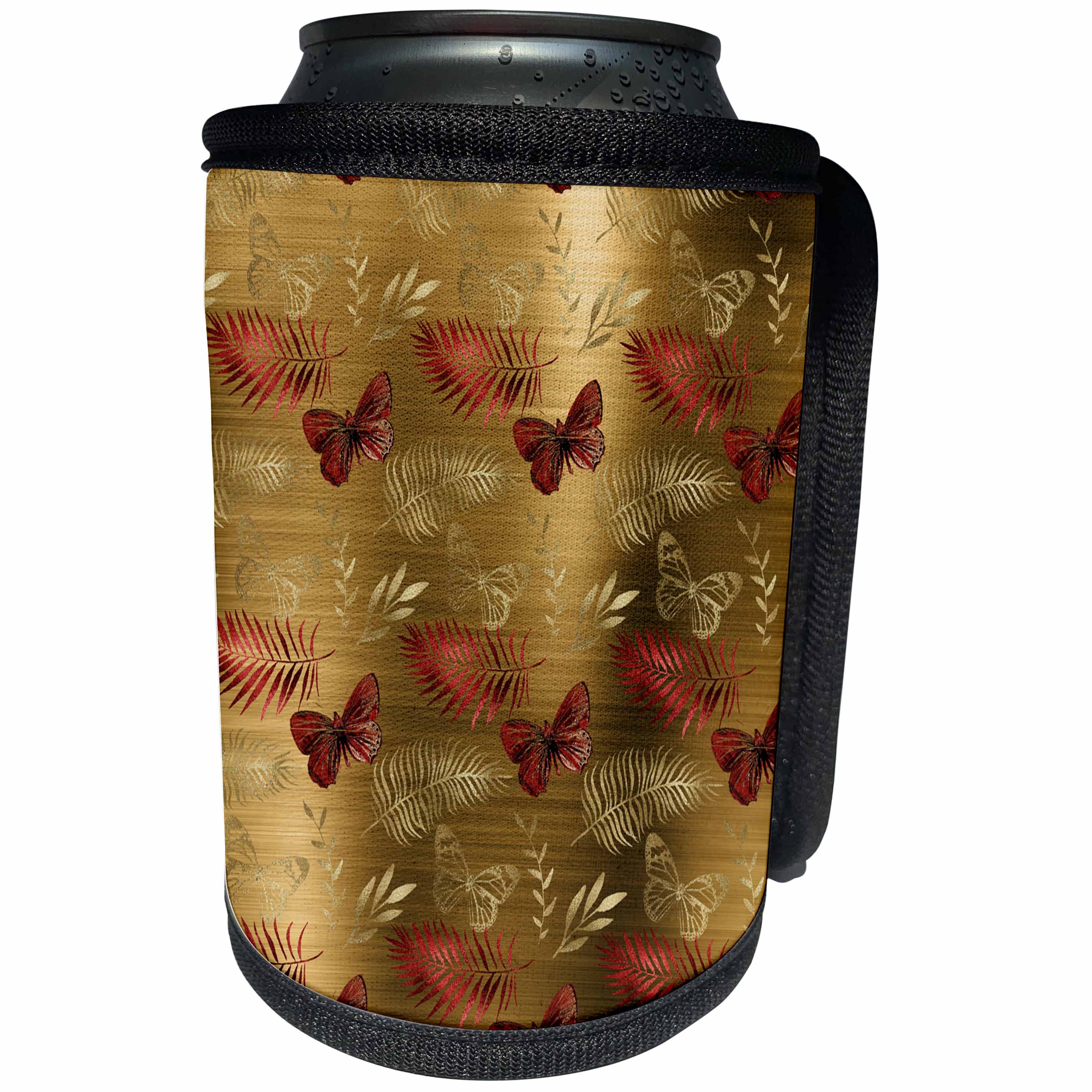 3dRose Anne Marie Baugh - Patterns - Red and Faux Gold Butterflies and Leaves Pattern - Can Cooler Bottle Wrap (cc_283293)
