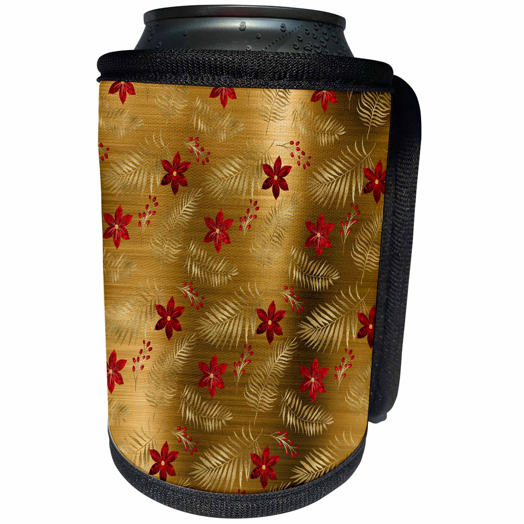 3dRose Anne Marie Baugh - Patterns - Pretty Red and Faux Gold Flowers and Leaves Pattern - Can Cooler Bottle Wrap (cc_283294)