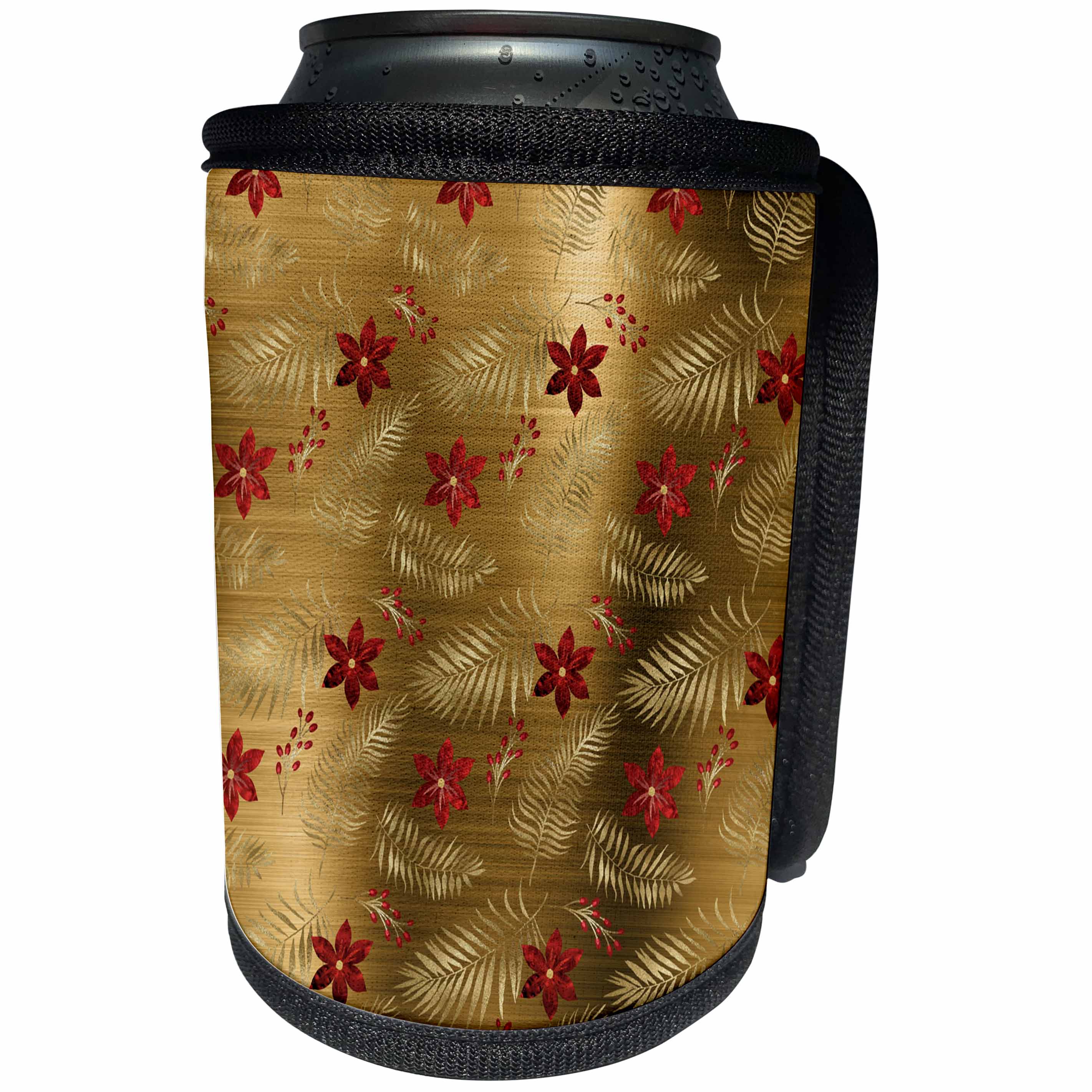 3dRose Anne Marie Baugh - Patterns - Pretty Red and Faux Gold Flowers and Leaves Pattern - Can Cooler Bottle Wrap (cc_283294)