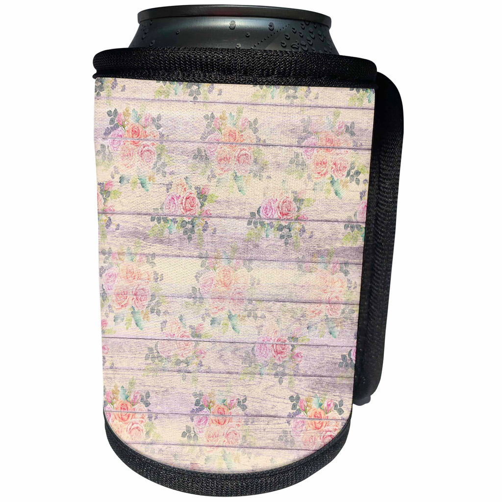 3dRose Anne Marie Baugh - Patterns - Chic Pink and Blue Roses On A Printed Faux Pink Wood Pattern - Can Cooler Bottle Wrap (cc_283307)
