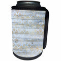 3dRose Anne Marie Baugh - Patterns - Chic Faux Gold Faded Damask On A Printed Faux Blue Wood Pattern - Can Cooler Bottle Wrap (cc_283309)
