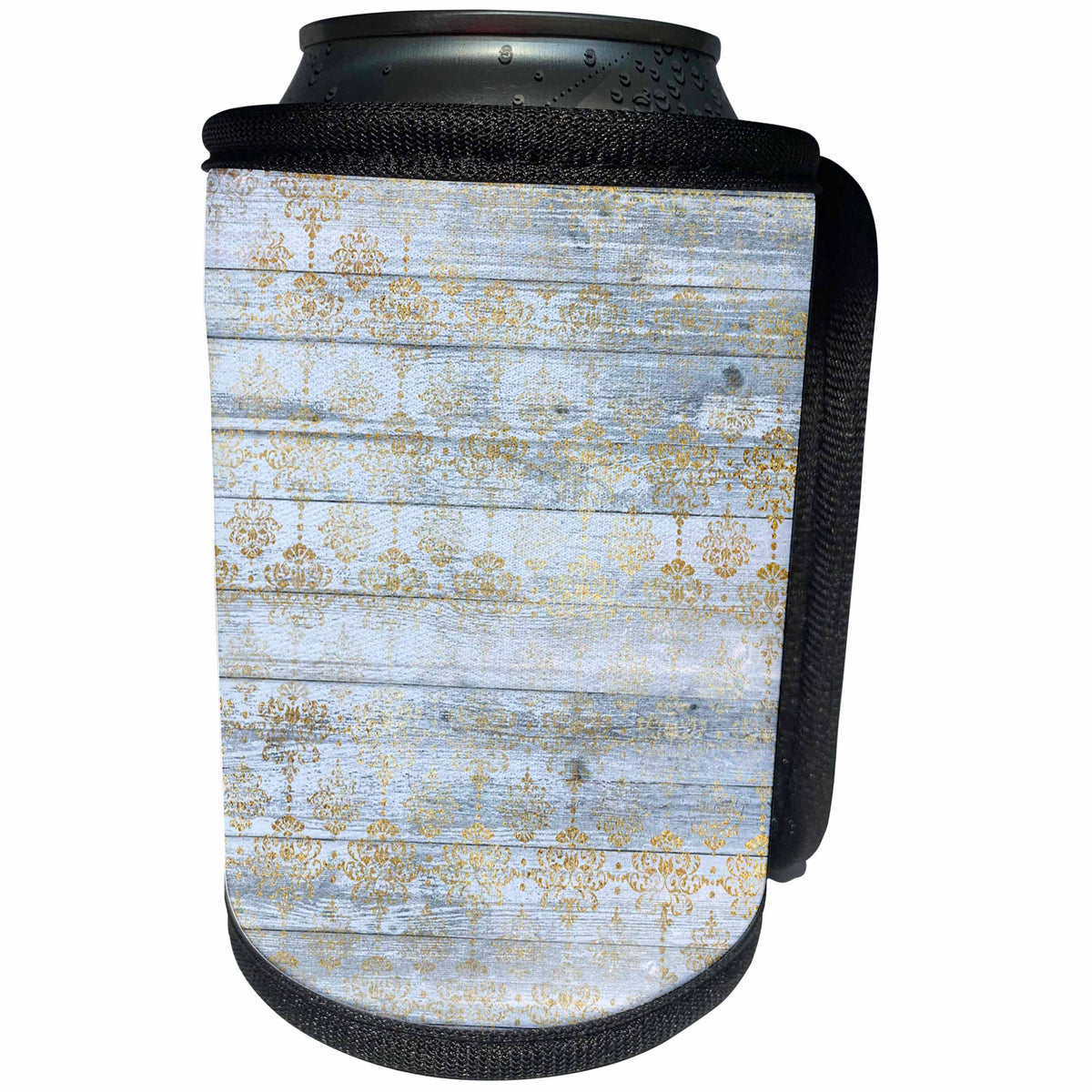3dRose Anne Marie Baugh - Patterns - Chic Faux Gold Faded Damask On A Printed Faux Blue Wood Pattern - Can Cooler Bottle Wrap (cc_283309)