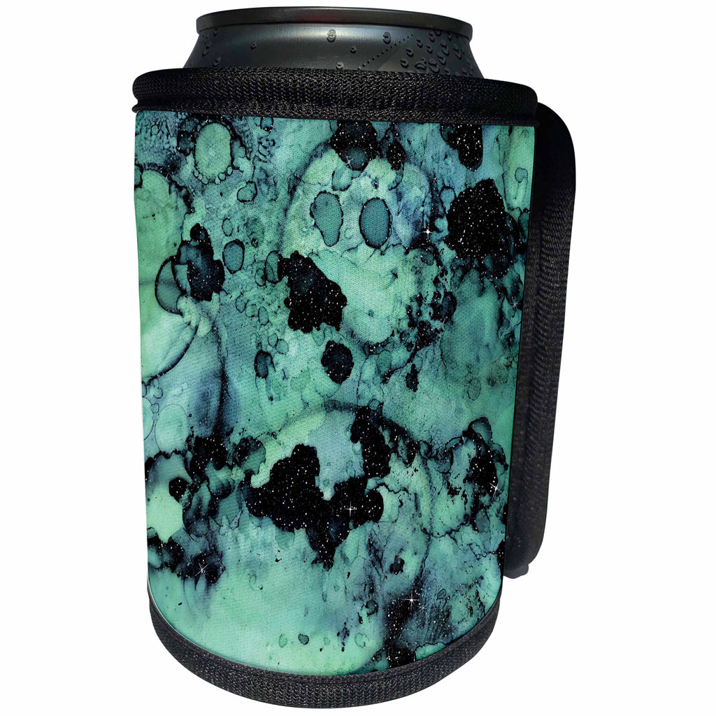 3dRose Anne Marie Baugh - Abstract - Aqua and Black Faux Printed Glitter Watercolor Splash - Can Cooler Bottle Wrap (cc_283316)