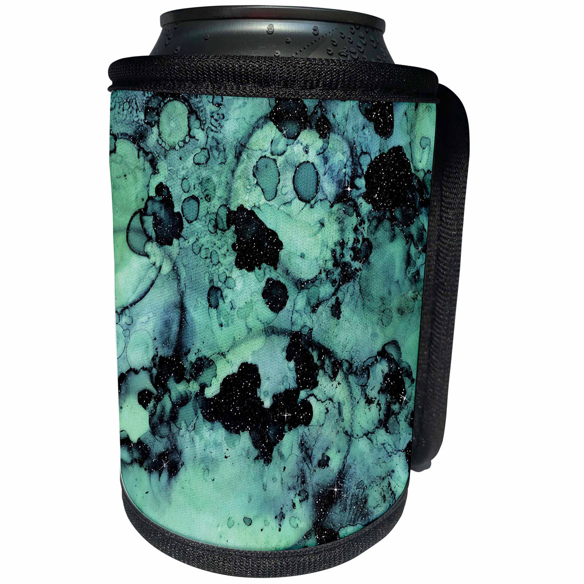 3dRose Anne Marie Baugh - Abstract - Aqua and Black Faux Printed Glitter Watercolor Splash - Can Cooler Bottle Wrap (cc_283316)
