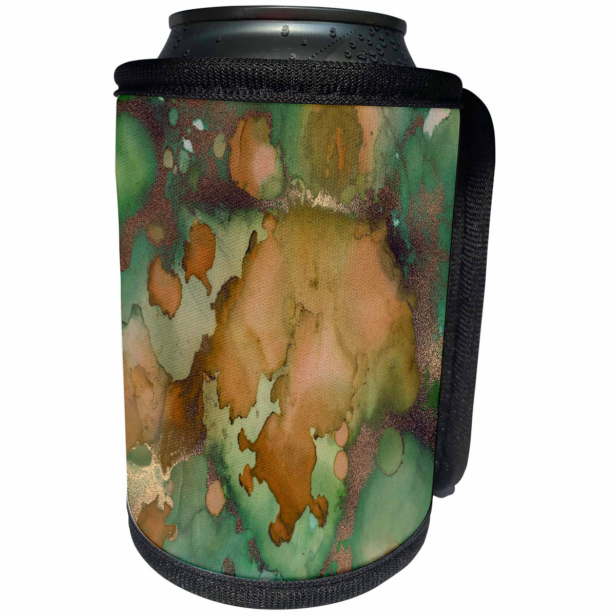 3dRose Anne Marie Baugh - Abstract - Tan, Green, and Copper Faux Printed Glitter Watercolor Splash - Can Cooler Bottle Wrap (cc_283317)