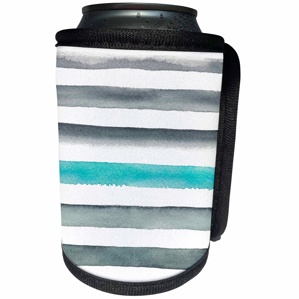 3dRose Anne Marie Baugh - Patterns - Contemporary Hand Painted Aqua and Gray Hand Painted Stripes - Can Cooler Bottle Wrap (cc_283433)
