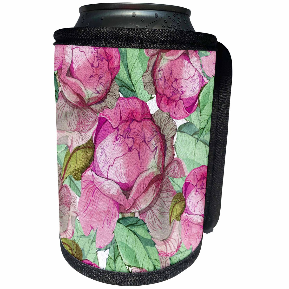 3dRose Anne Marie Baugh - Patterns - Chic Pink and Green Watercolor Large Floral Pattern - Can Cooler Bottle Wrap (cc_283441)