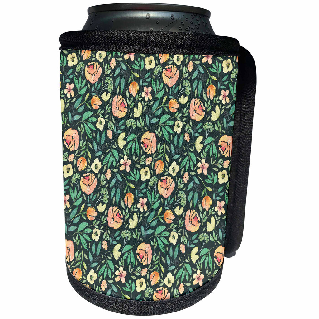 3dRose Anne Marie Baugh - Patterns - Pretty Watercolor Peach Rose and Leaves Pattern On Blue - Can Cooler Bottle Wrap (cc_283448)
