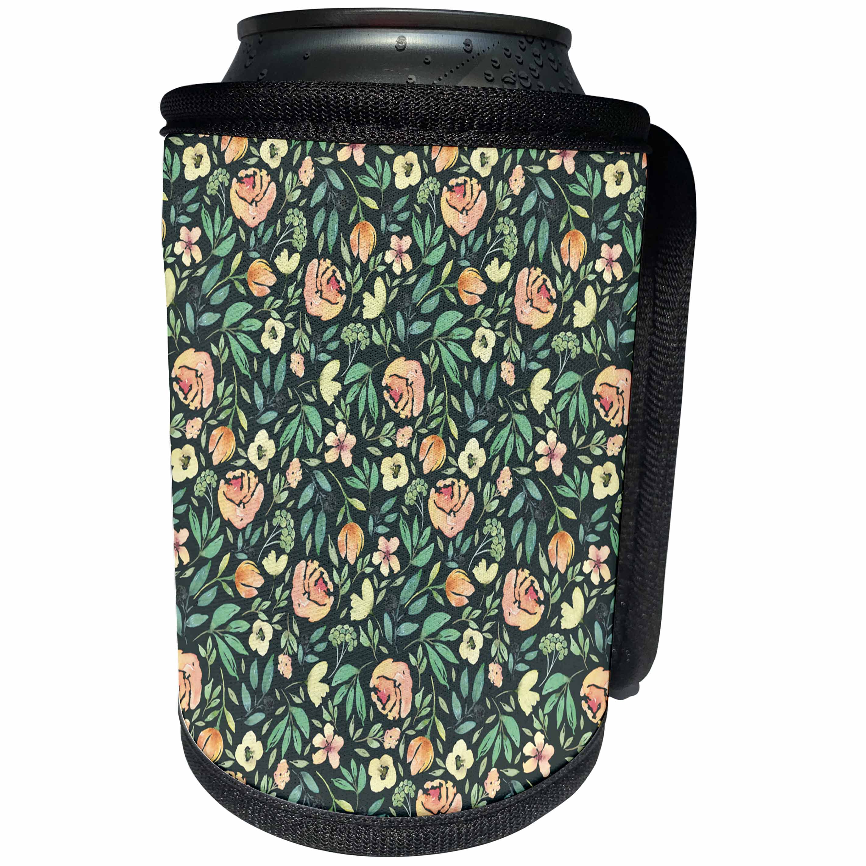 3dRose Anne Marie Baugh - Patterns - Pretty Watercolor Peach Rose and Leaves Pattern On Blue - Can Cooler Bottle Wrap (cc_283448)
