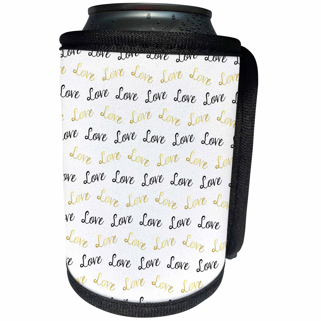 3dRose Anne Marie Baugh - Patterns - Cute Faux Gold and Black Love Word Pattern On White - Can Cooler Bottle Wrap (cc_283453)