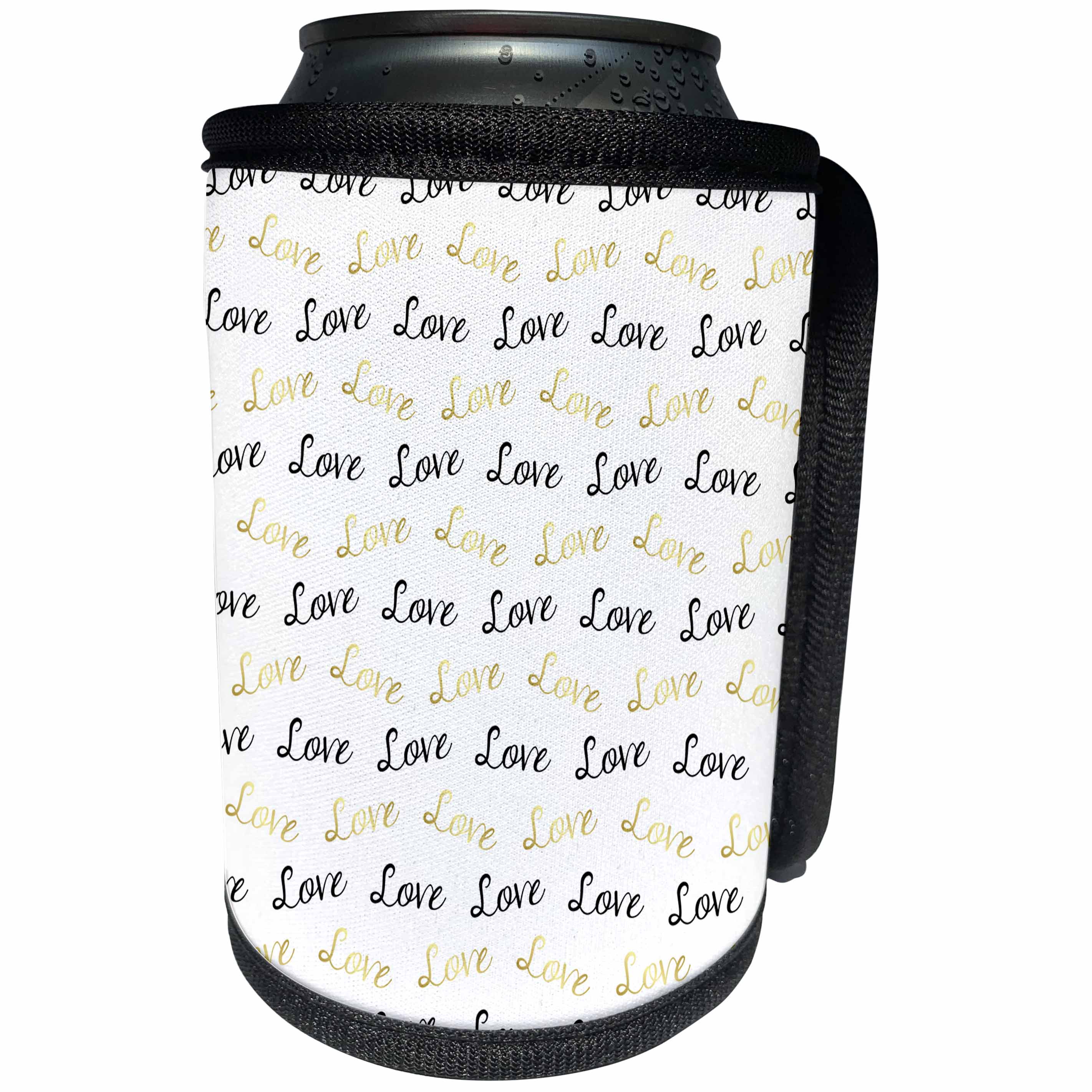3dRose Anne Marie Baugh - Patterns - Cute Faux Gold and Black Love Word Pattern On White - Can Cooler Bottle Wrap (cc_283453)