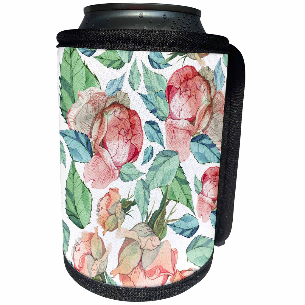 3dRose Anne Marie Baugh - Patterns - Red, Aqua, and Green Watercolor Cabbage Roses Floral Pattern - Can Cooler Bottle Wrap (cc_283460)