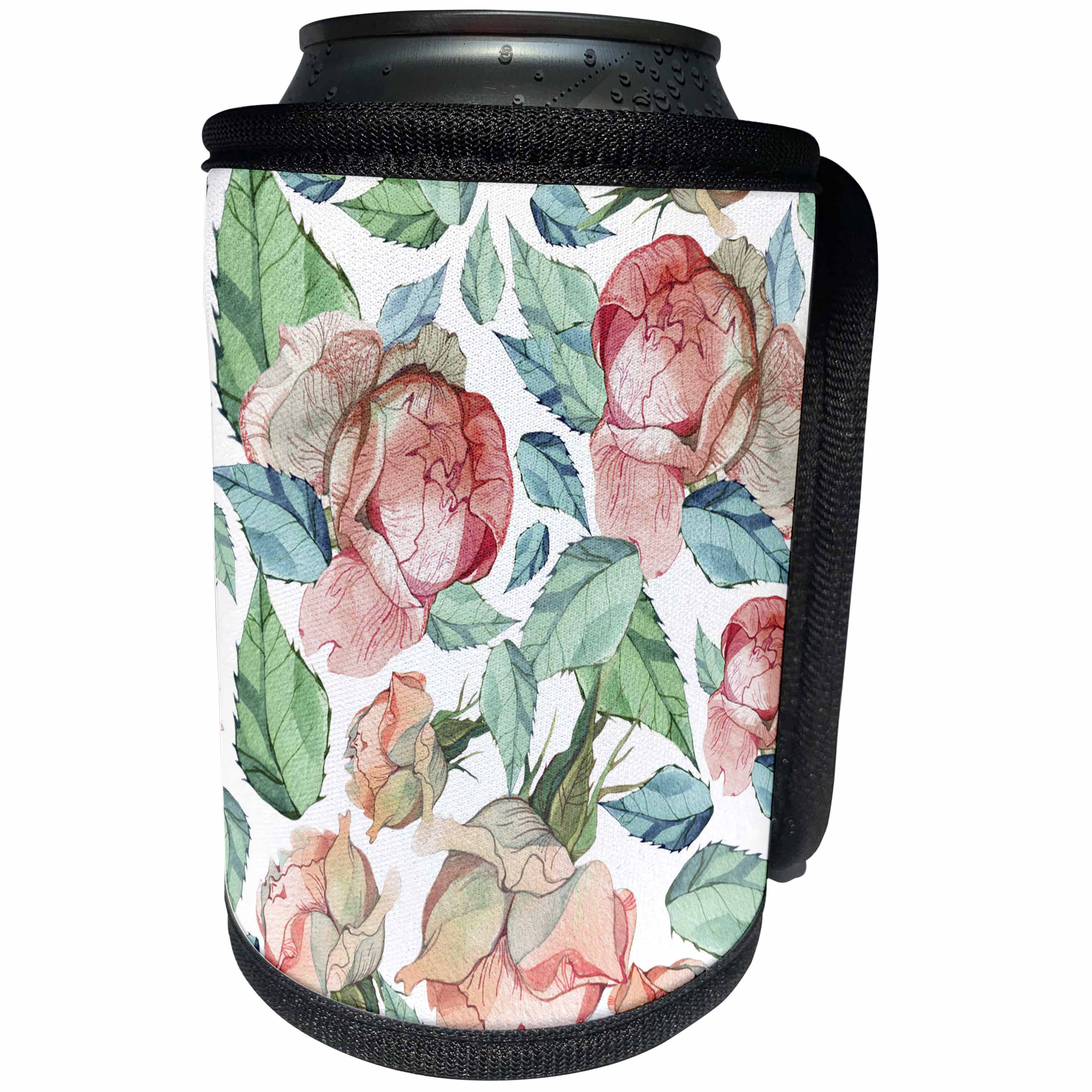 3dRose Anne Marie Baugh - Patterns - Red, Aqua, and Green Watercolor Cabbage Roses Floral Pattern - Can Cooler Bottle Wrap (cc_283460)