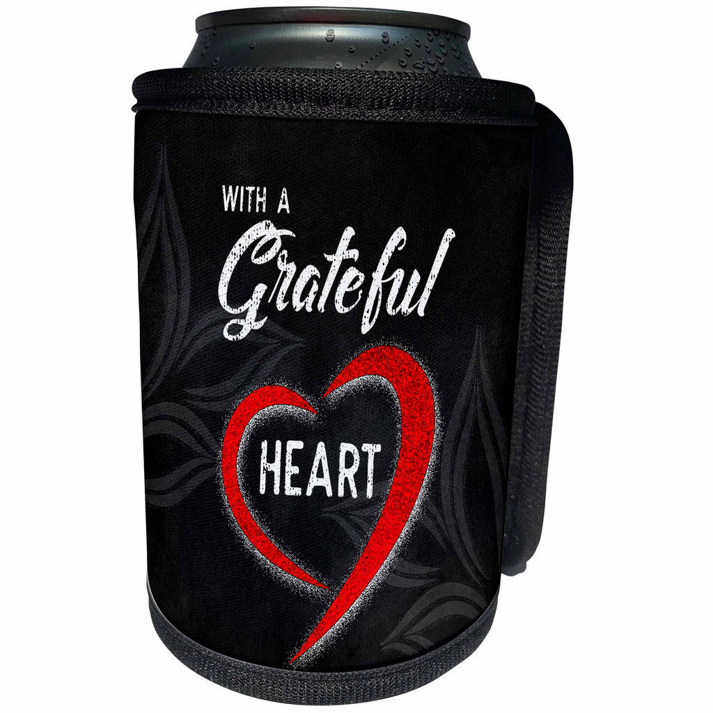 3dRose Doreen Erhardt Sentiments - With a Grateful Heart Chalkboard Theme with White and Red - Can Cooler Bottle Wrap (cc_283471)