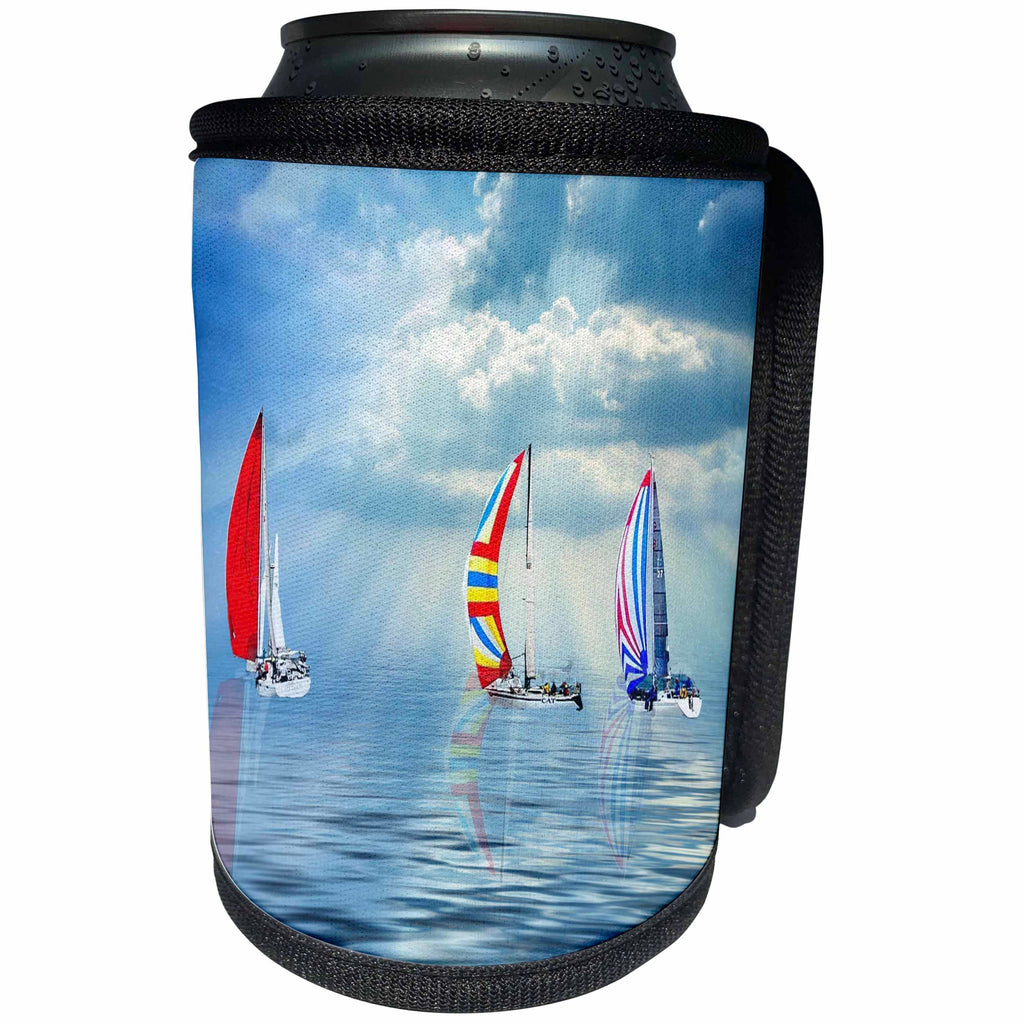 3dRose Doreen Erhardt Sports and Hobbies - Colorful Sailboats on a Calm Ocean Nautical Sailing Theme - Can Cooler Bottle Wrap (cc_283473)