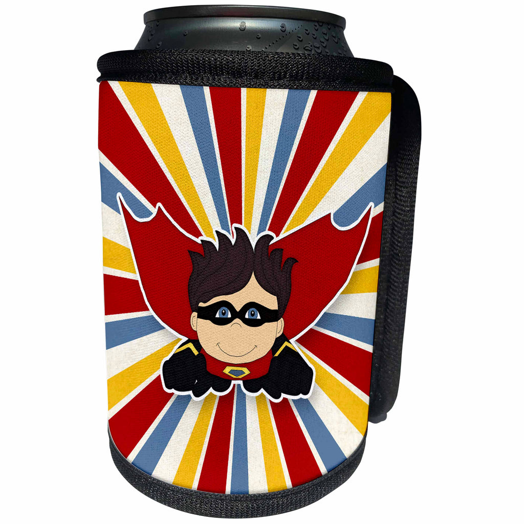 3dRose Doreen Erhardt Kids Collection - Superhero Boy in Bold Comic Style of Red Blue and Yellow - Can Cooler Bottle Wrap (cc_283474)