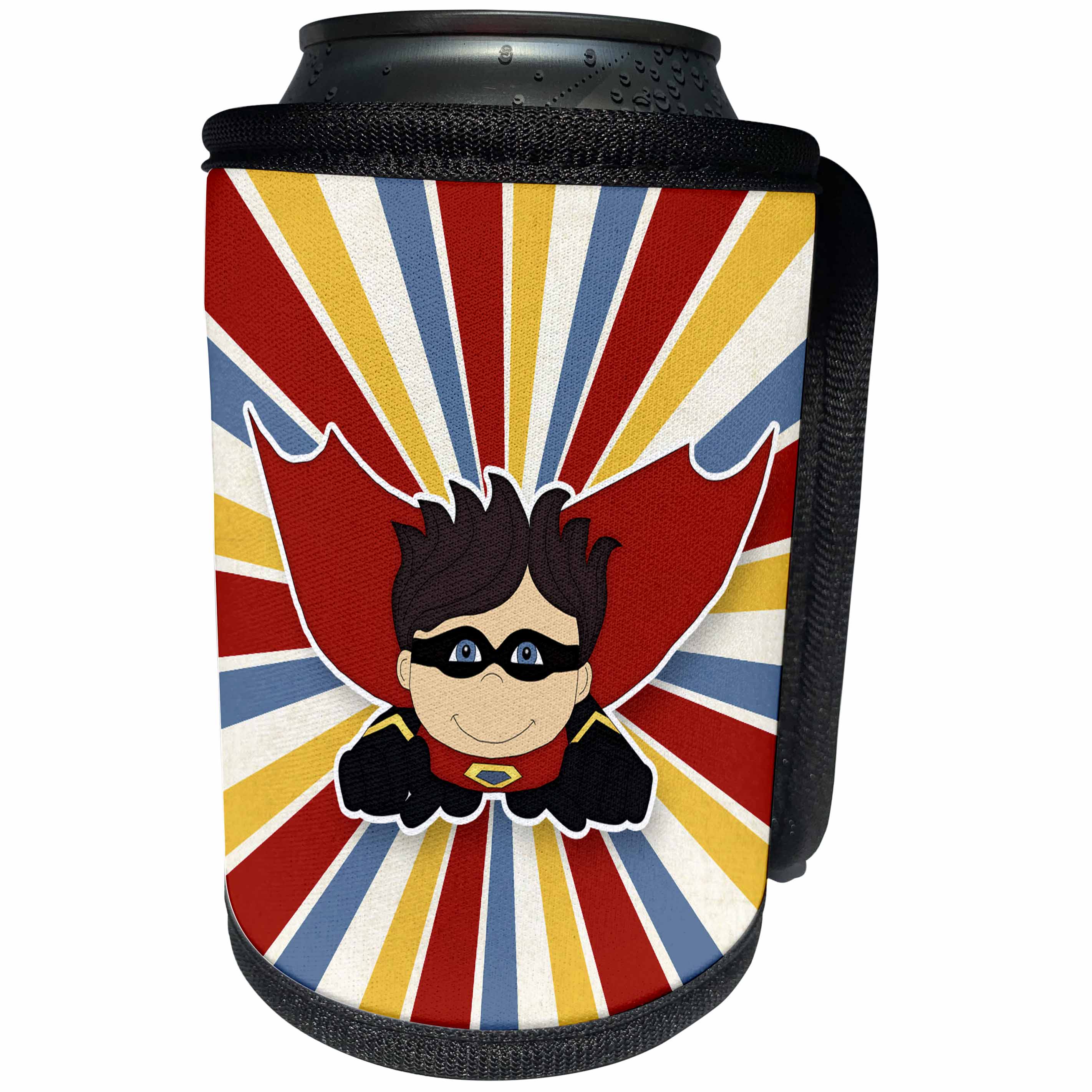 3dRose Doreen Erhardt Kids Collection - Superhero Boy in Bold Comic Style of Red Blue and Yellow - Can Cooler Bottle Wrap (cc_283474)