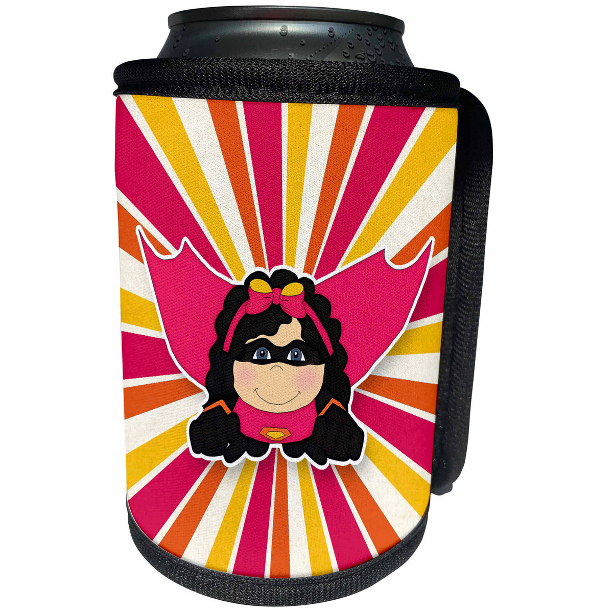 3dRose Doreen Erhardt Kids Collection - Superhero Girl in Bold Comic Style of Pink Orange and Yellow - Can Cooler Bottle Wrap (cc_283475)