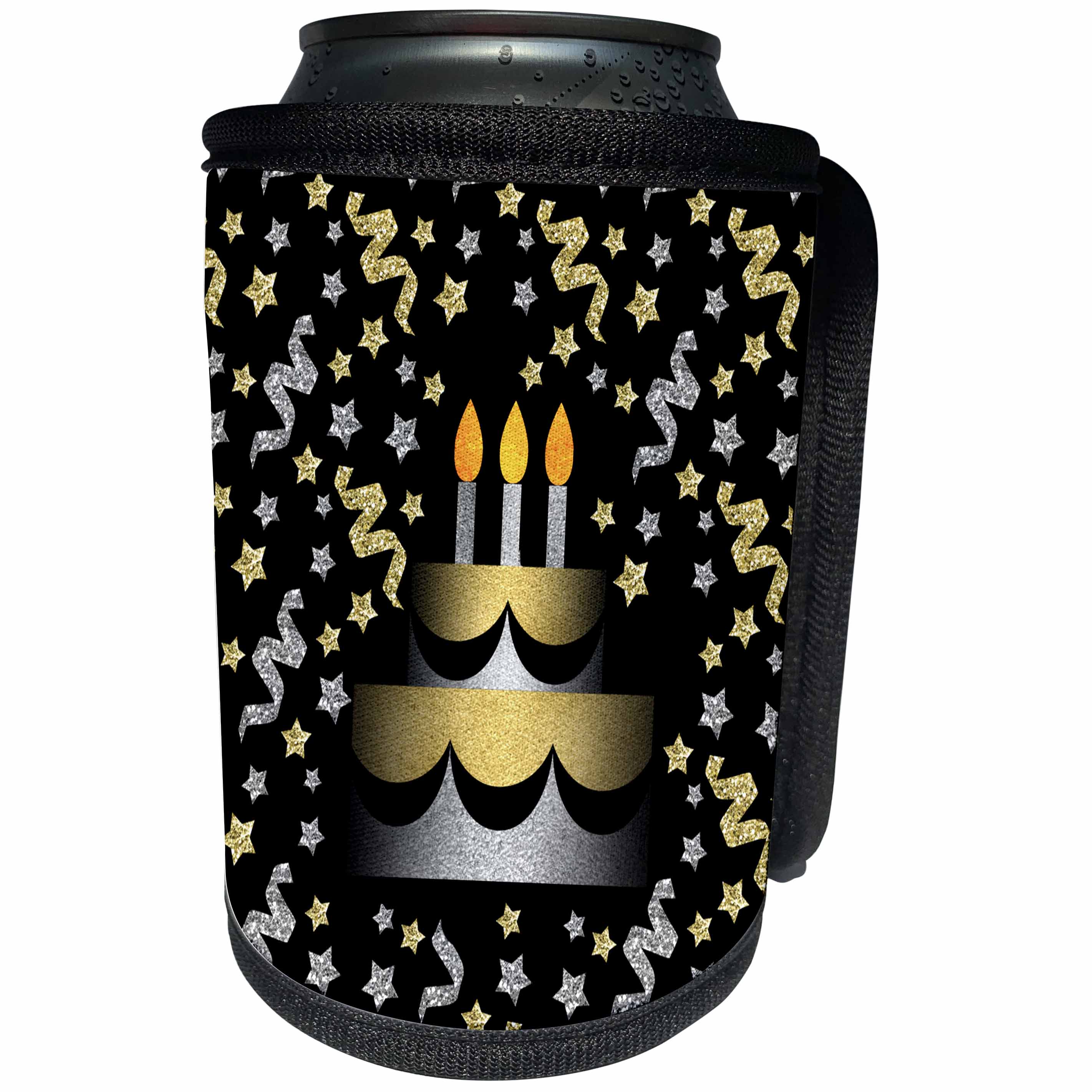 3dRose Doreen Erhardt Birthday Collection - Gold and Silver Faux Glitter Birthday Cake with Confetti on Black - Can Cooler Bottle Wrap (cc_283491)