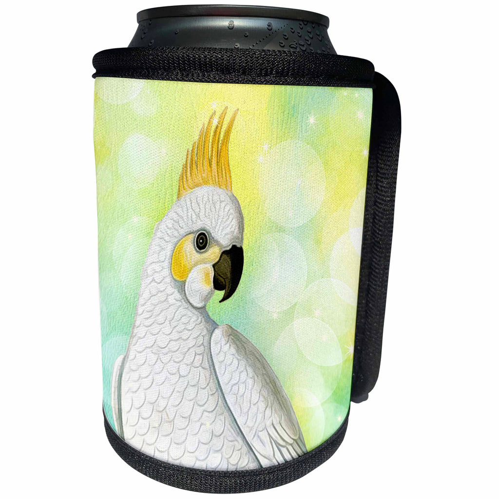 3dRose Doreen Erhardt Birds - Cockatoo Parrot for Bird Lover with Green and Blue Watercolor - Can Cooler Bottle Wrap (cc_283495)