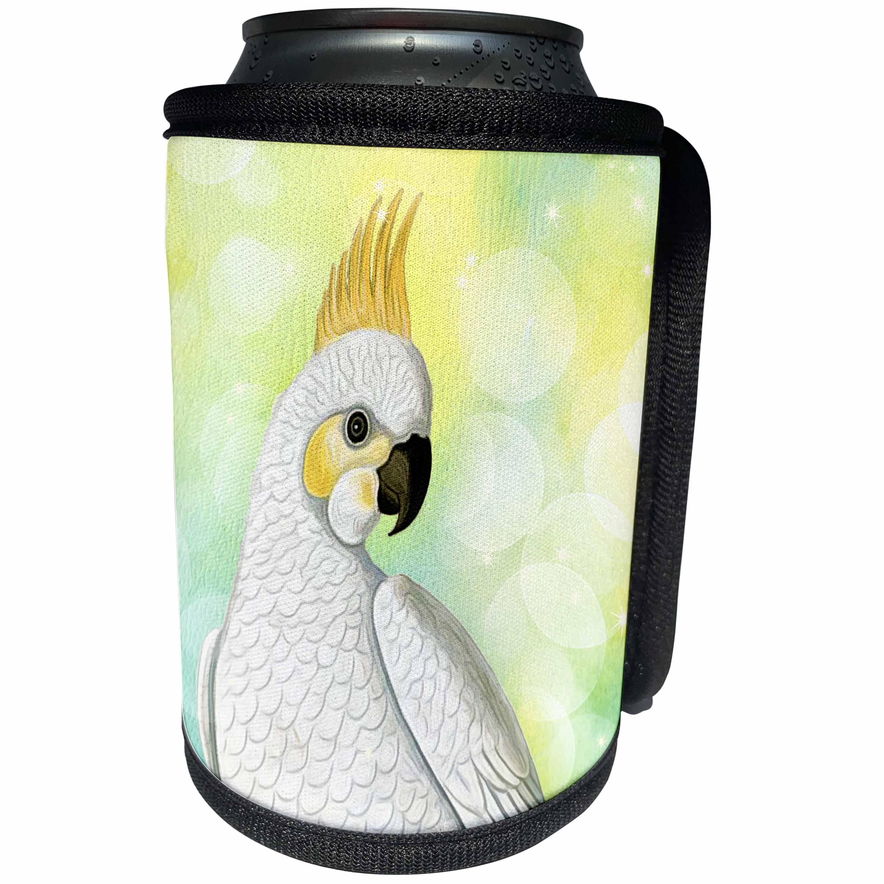 3dRose Doreen Erhardt Birds - Cockatoo Parrot for Bird Lover with Green and Blue Watercolor - Can Cooler Bottle Wrap (cc_283495)