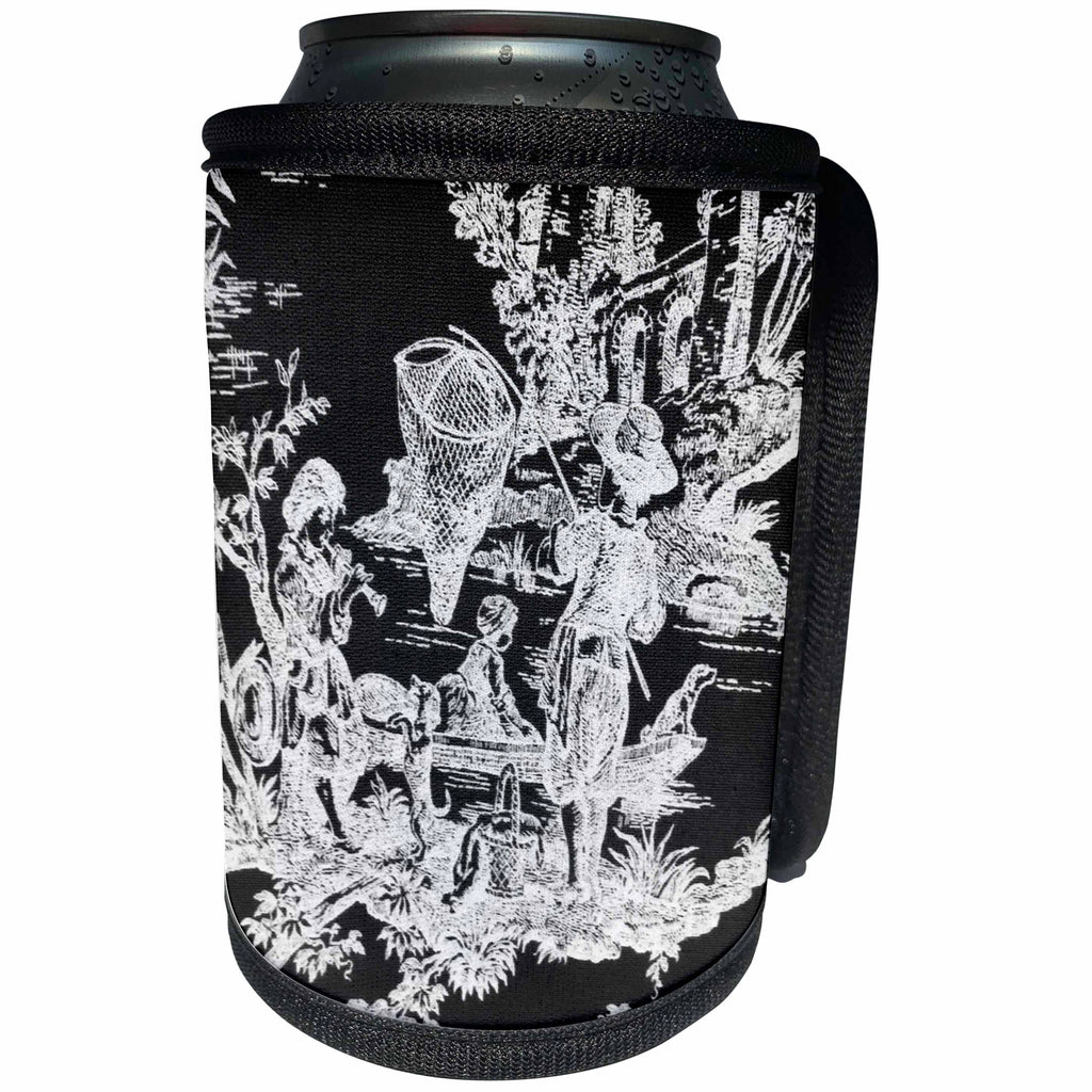 3dRose Florene Black and White - French Toille - Can Cooler Bottle Wrap (cc_28350)