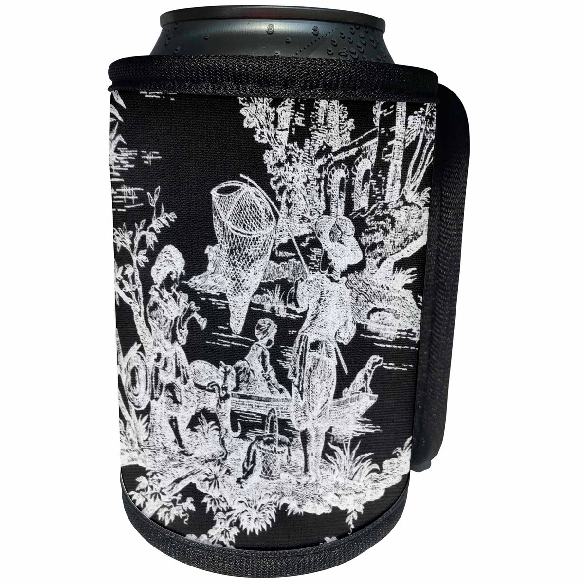 3dRose Florene Black and White - French Toille - Can Cooler Bottle Wrap (cc_28350)