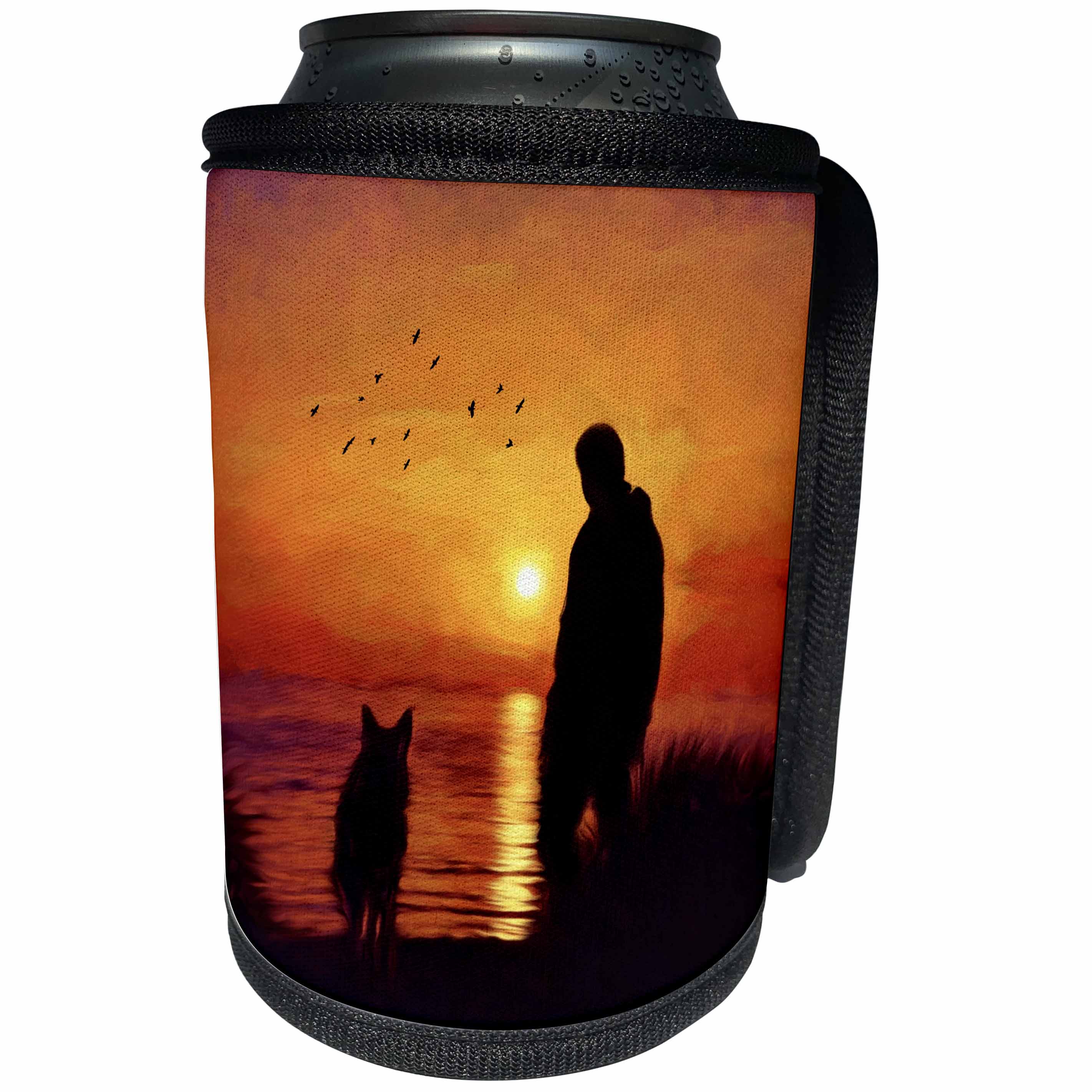 3dRose Doreen Erhardt Dogs - Painting of a Man and his Dog at the Waters Edge for Sunset - Can Cooler Bottle Wrap (cc_283504)