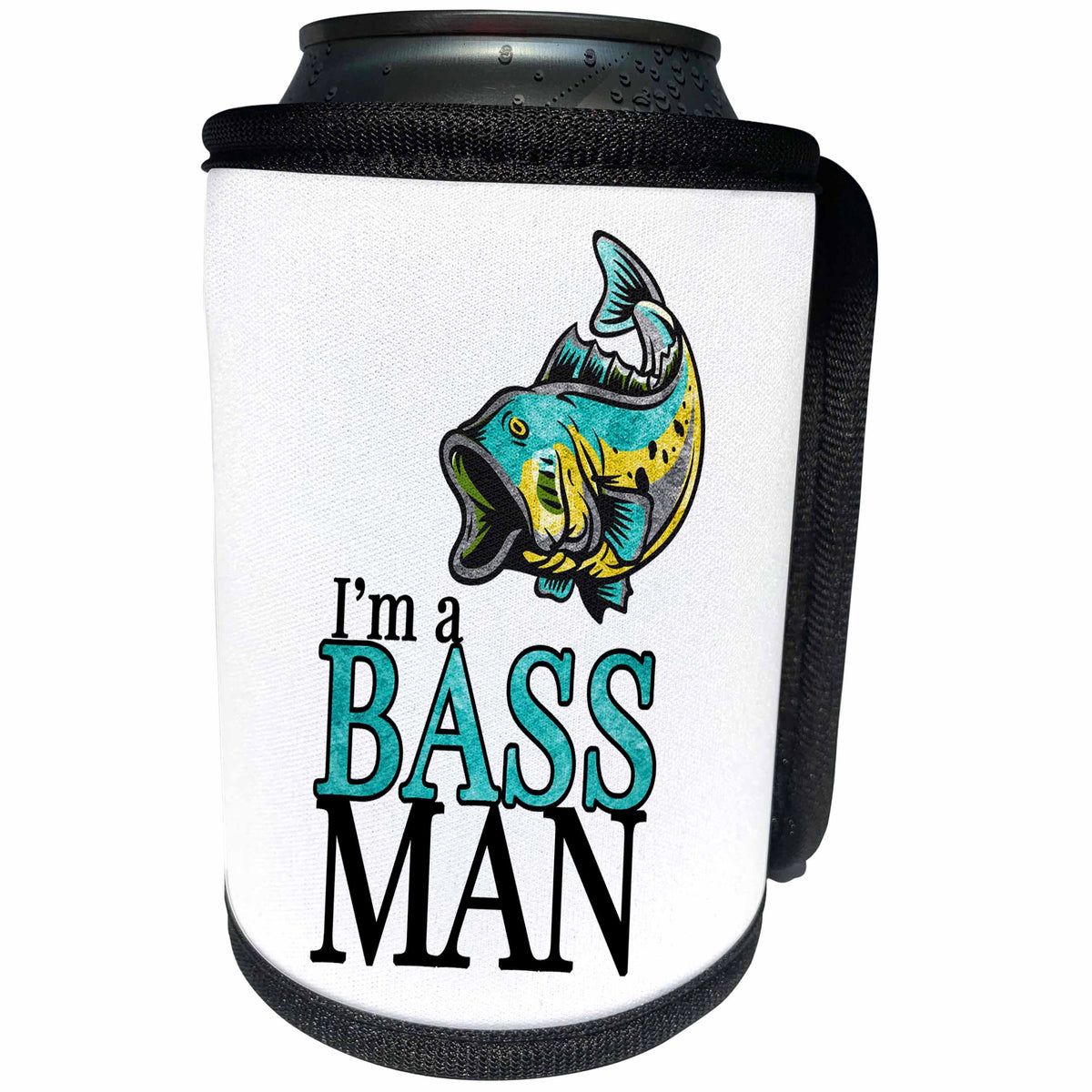 3dRose Doreen Erhardt Sports and Hobbies - Im a Bass Man Funny Fisherman Theme Turquoise and Yellow Watercolor - Can Cooler Bottle Wrap (cc_283516)