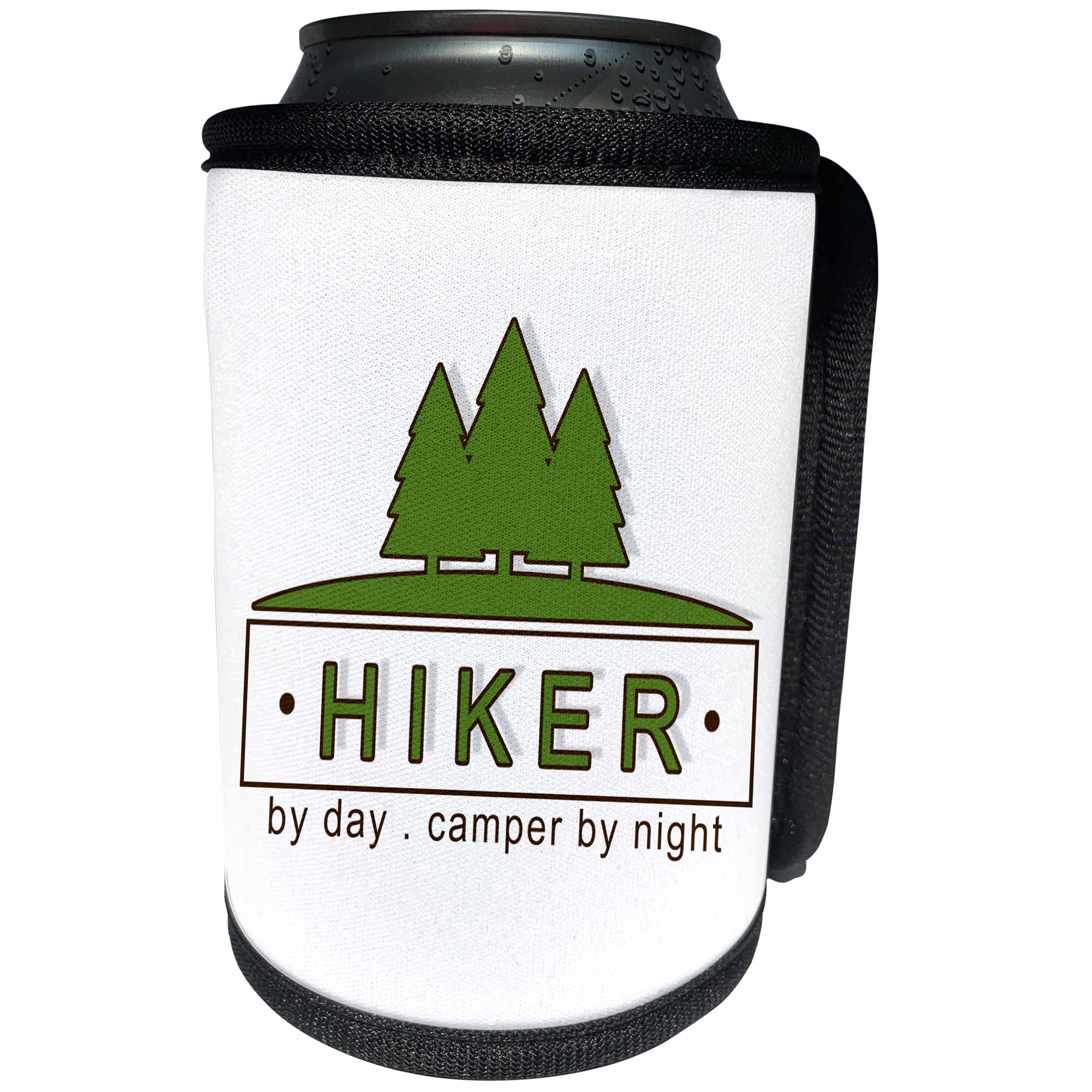 3dRose Doreen Erhardt Sports and Hobbies - Hiker by Day Camper by Night Green and Brown Outdoorsy Theme - Can Cooler Bottle Wrap (cc_283521)