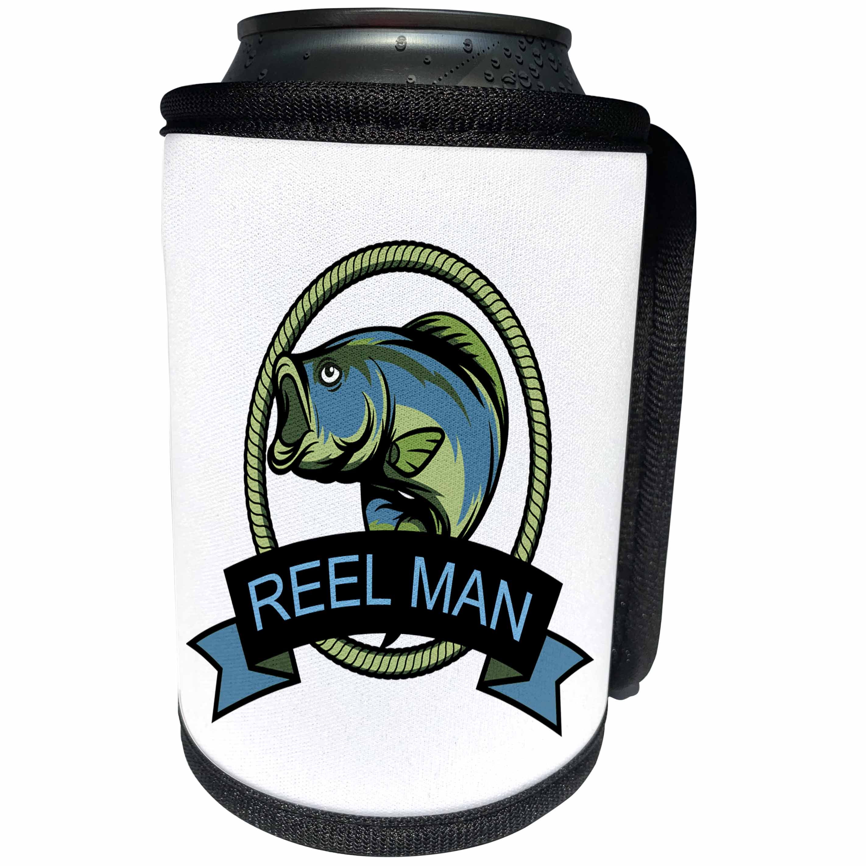 3dRose Doreen Erhardt Sports and Hobbies - Play on Words Big Mouth Bass Reel Man in Blue and Green for Fishermen - Can Cooler Bottle Wrap (cc_283523)