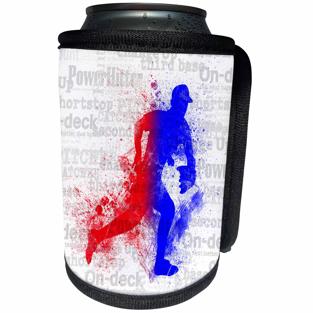 3dRose Doreen Erhardt Sports and Hobbies - Baseball Theme with Pitcher in Red and Blue with Word Art - Can Cooler Bottle Wrap (cc_283526)