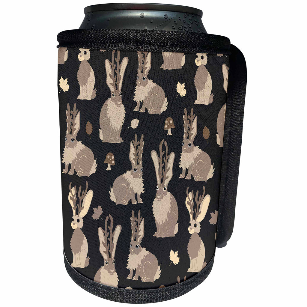 3dRose Janna Salak Designs Woodland Creatures - Jackalope Forest Cute Rabbit Pattern Black and Brown - Can Cooler Bottle Wrap (cc_283557)