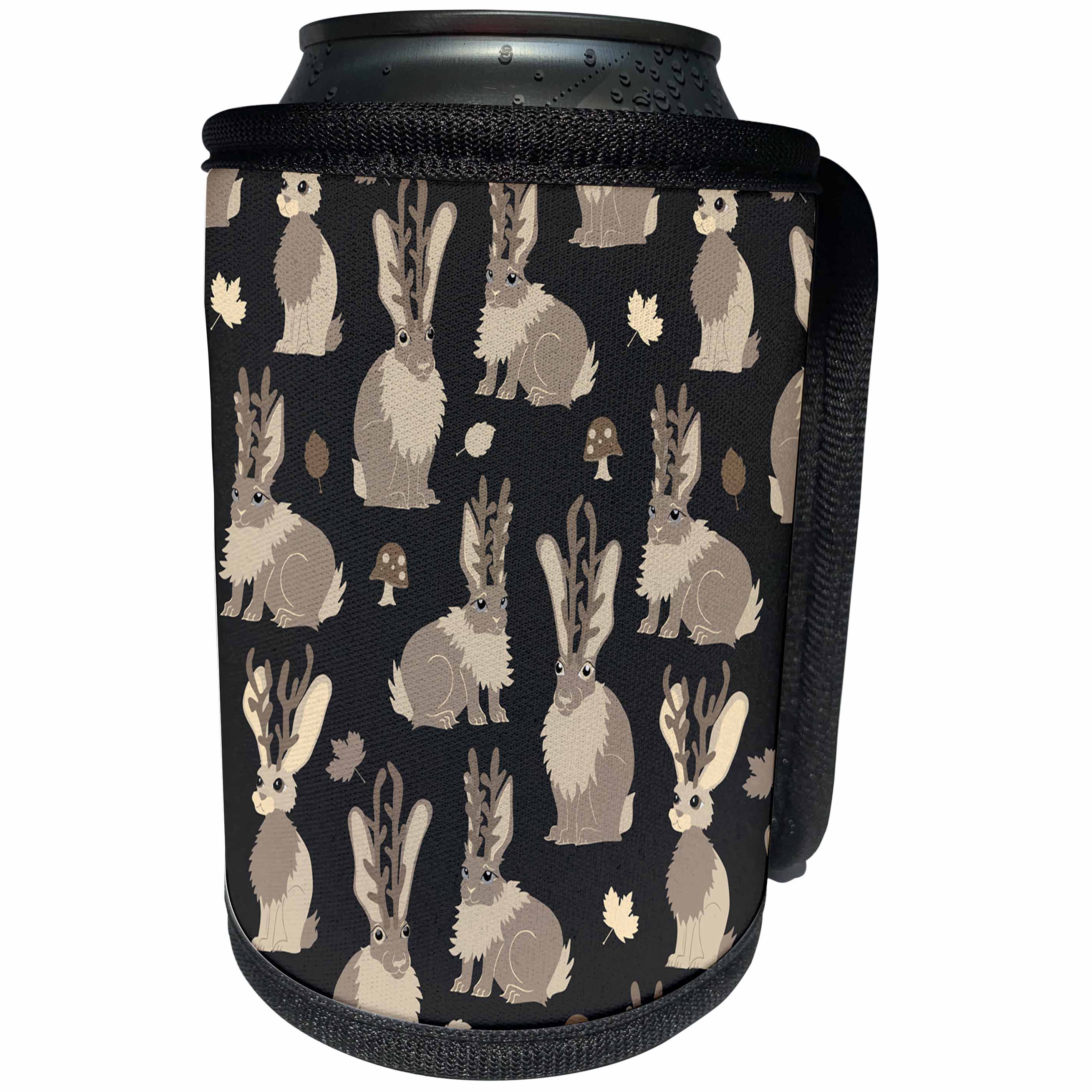 3dRose Janna Salak Designs Woodland Creatures - Jackalope Forest Cute Rabbit Pattern Black and Brown - Can Cooler Bottle Wrap (cc_283557)