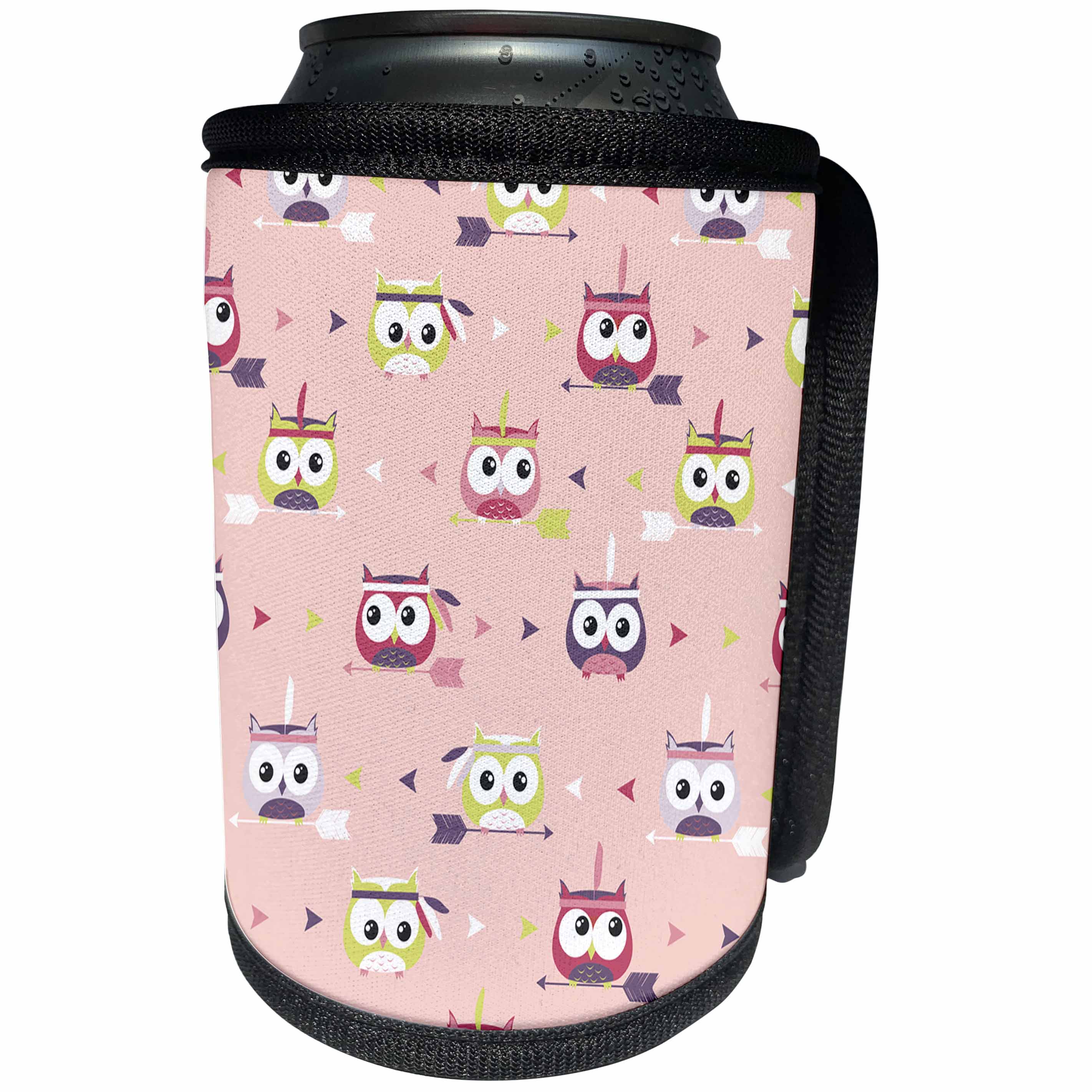 3dRose Janna Salak Designs Woodland Creatures - Little Tribal Owls Feathers and Arrow Pink - Can Cooler Bottle Wrap (cc_283558)