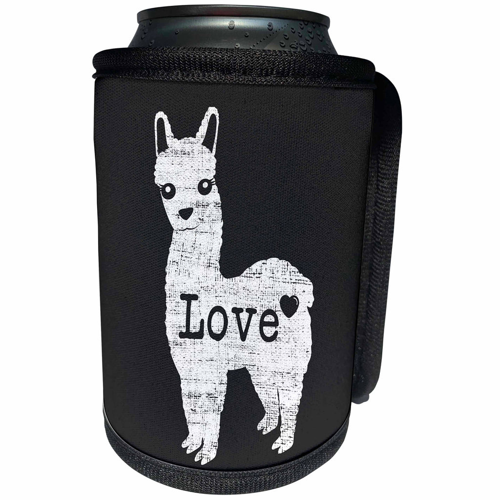 3dRose Janna Salak Designs Farm Animals - Distressed Alpaca LOVE and Heart Black and White - Can Cooler Bottle Wrap (cc_283560)