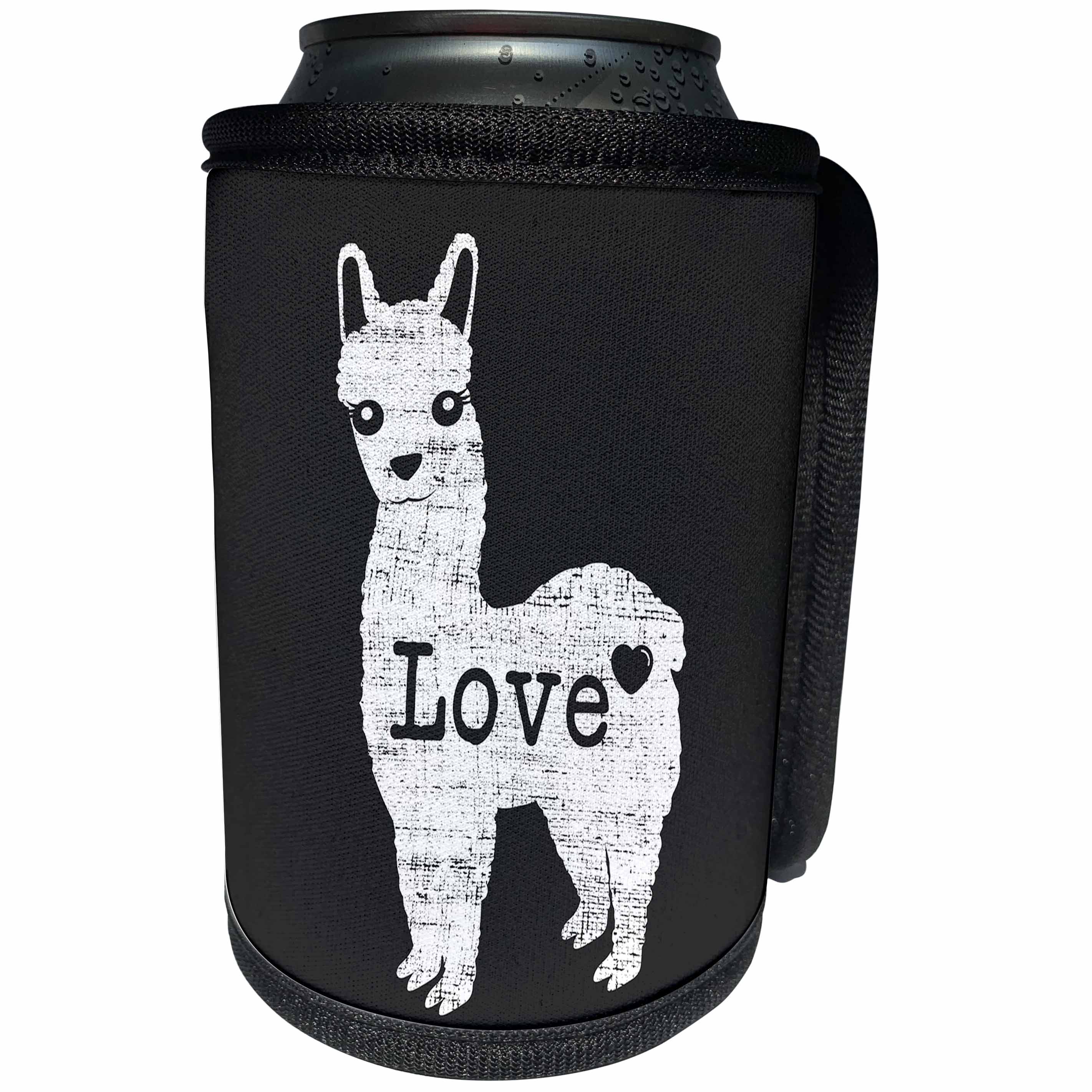 3dRose Janna Salak Designs Farm Animals - Distressed Alpaca LOVE and Heart Black and White - Can Cooler Bottle Wrap (cc_283560)