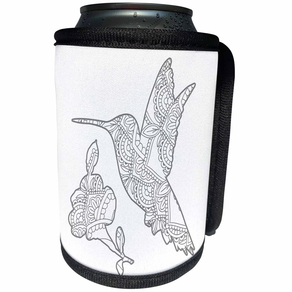 3dRose Janna Salak Designs Birds - Elegant Hummingbird Art Mandala Black and White - Can Cooler Bottle Wrap (cc_283578)