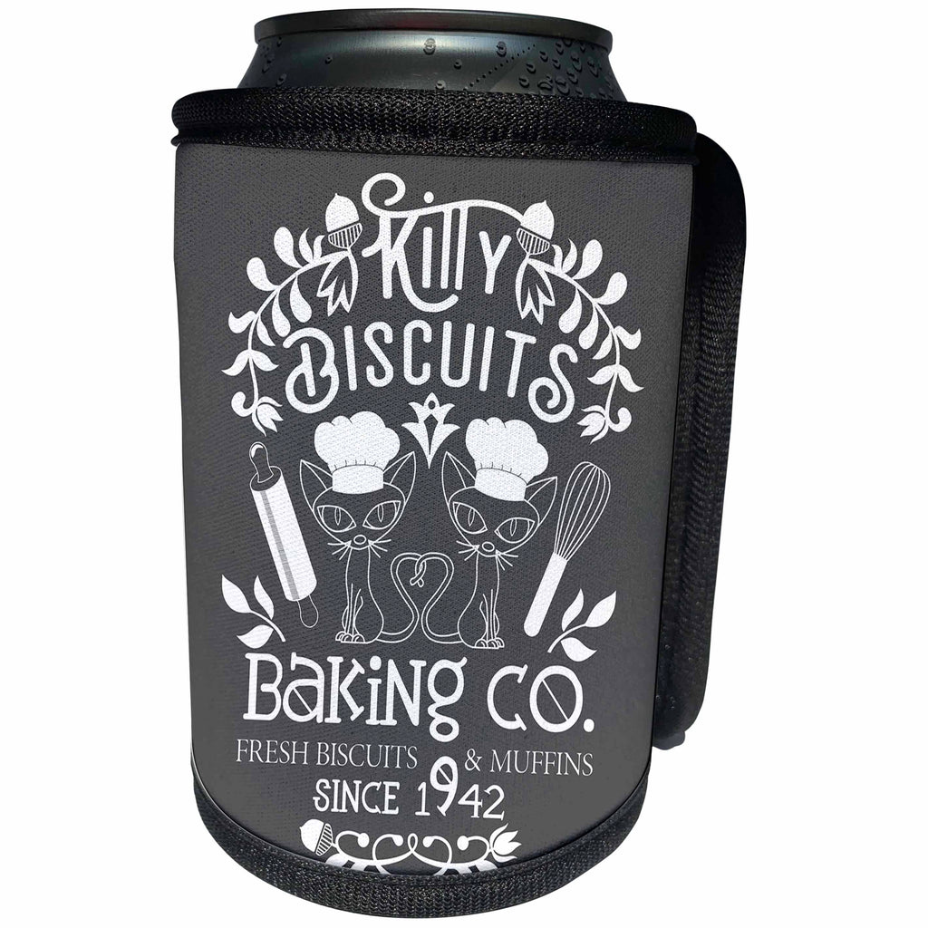 3dRose Janna Salak Designs Text Art - Kitty Biscuits Baking Co. Funny Cat - Can Cooler Bottle Wrap (cc_283581)